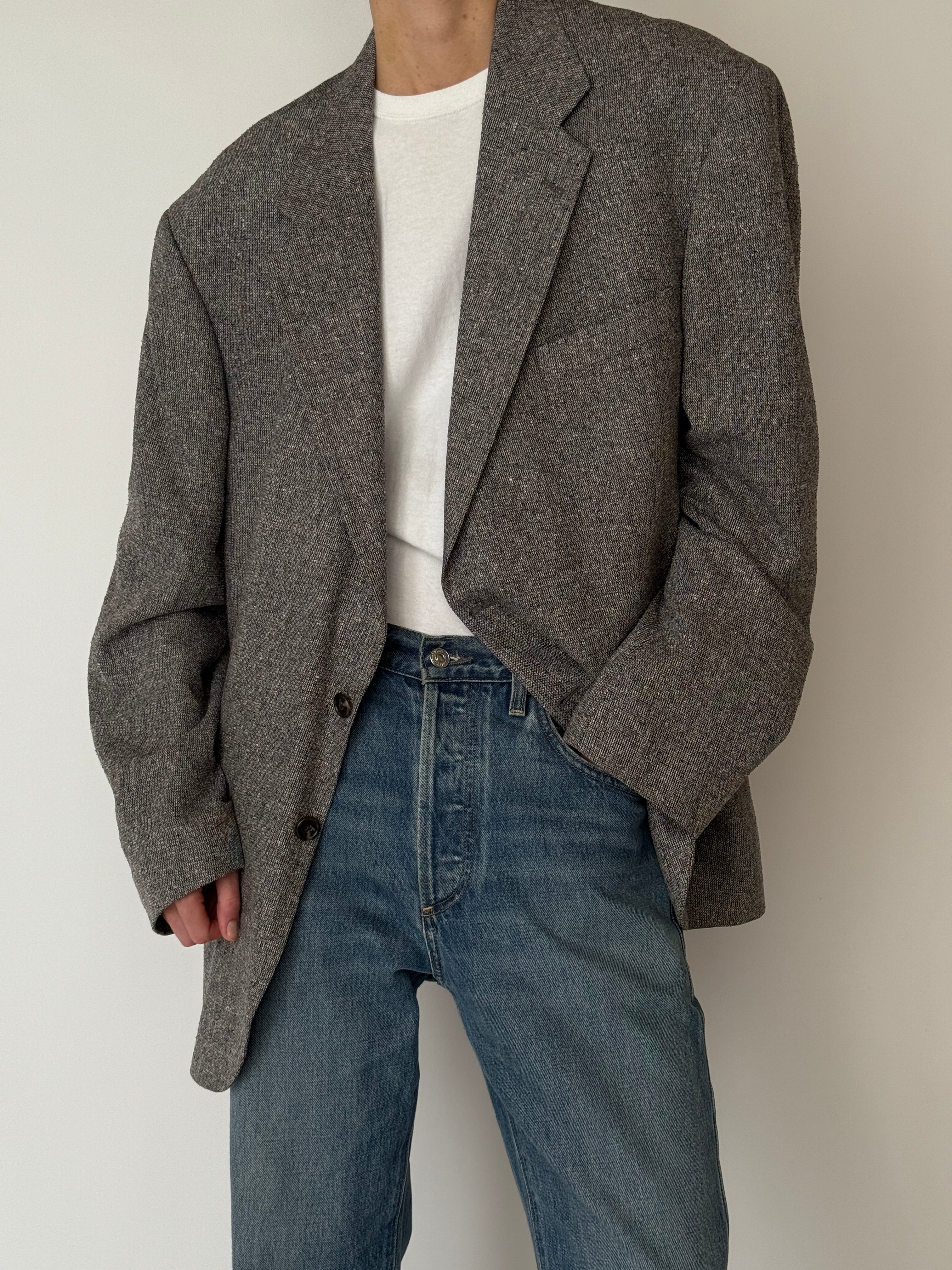 Vintage textured silk blazer with soft drape and tailored silhouette in grey