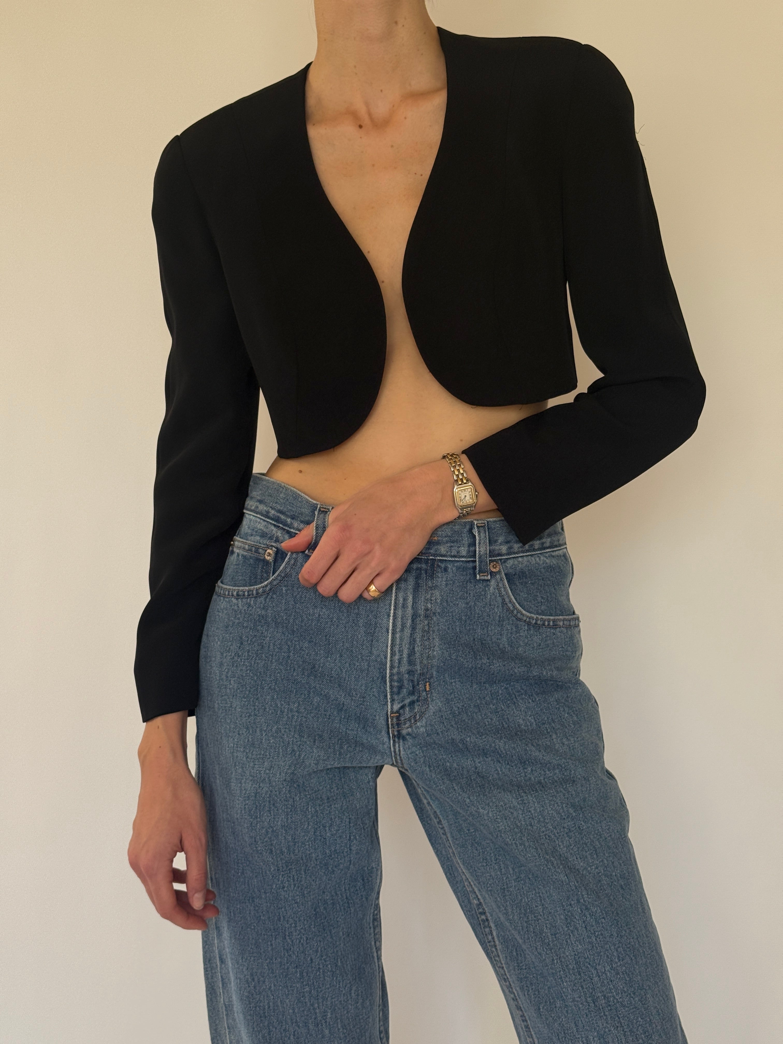Vintage black cropped blazer neckline detail