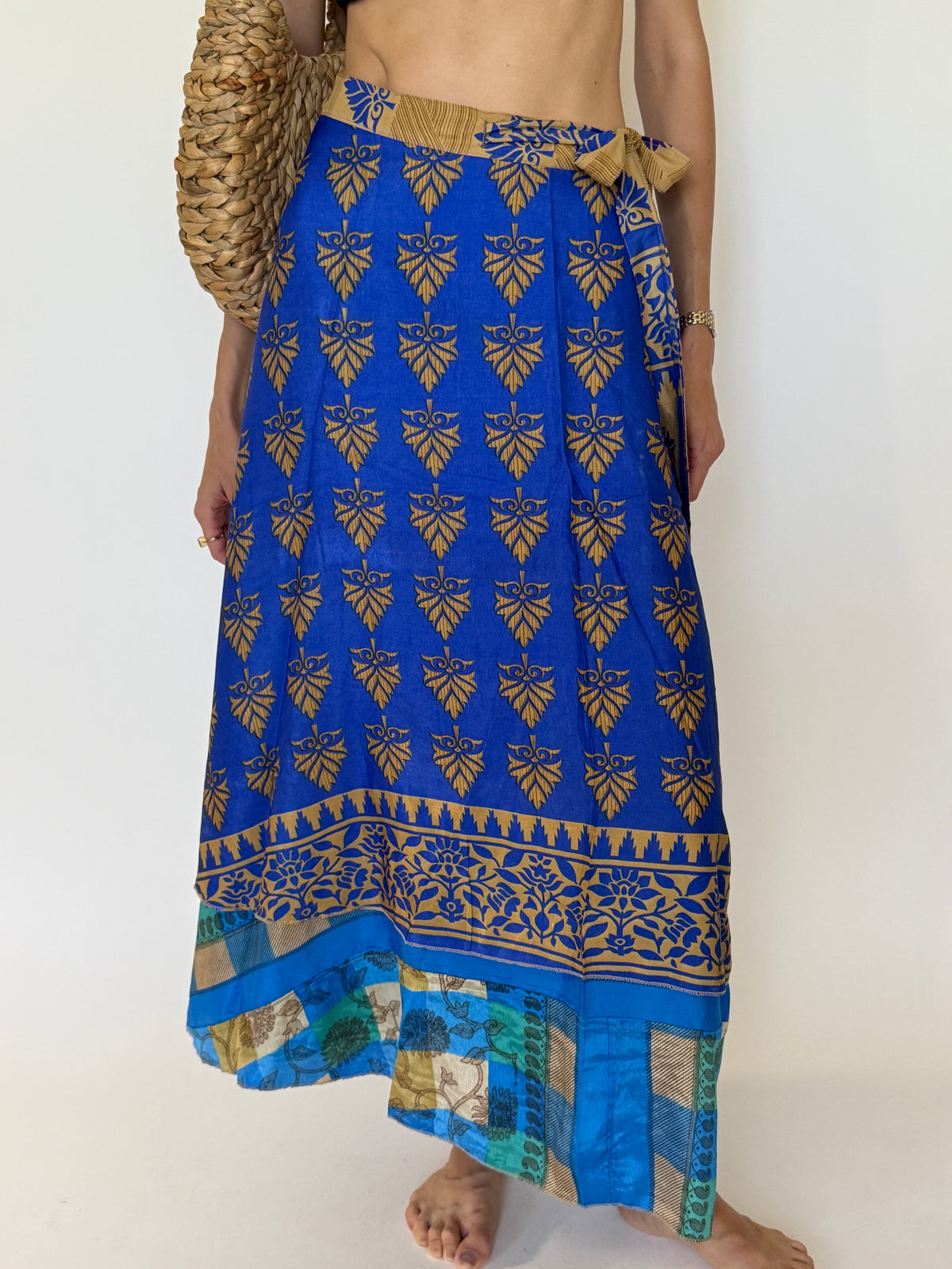 Vintage blue wrap maxi skirt front view