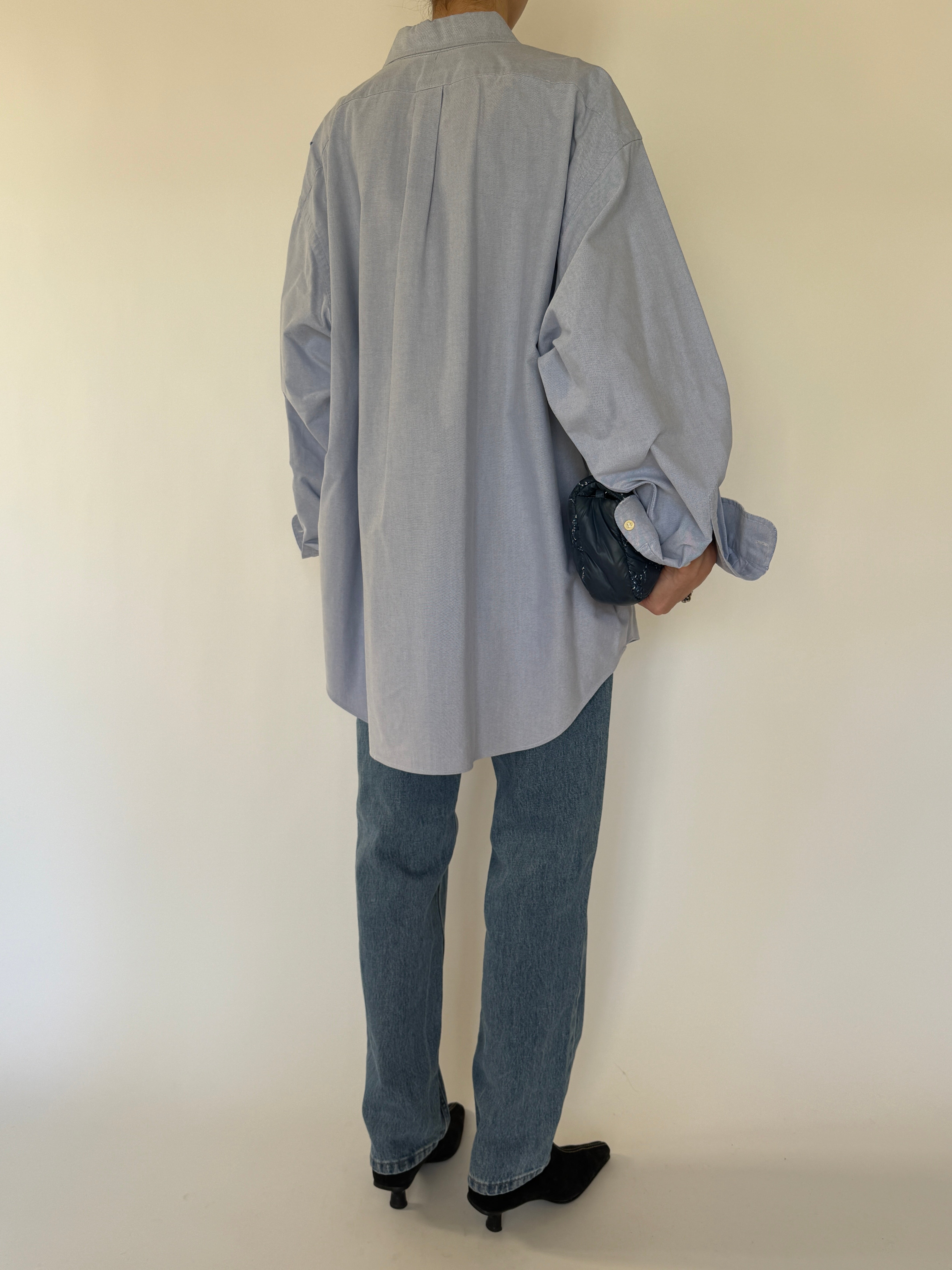 Vintage Ralph Lauren blue oversized shirt back view long curved hem