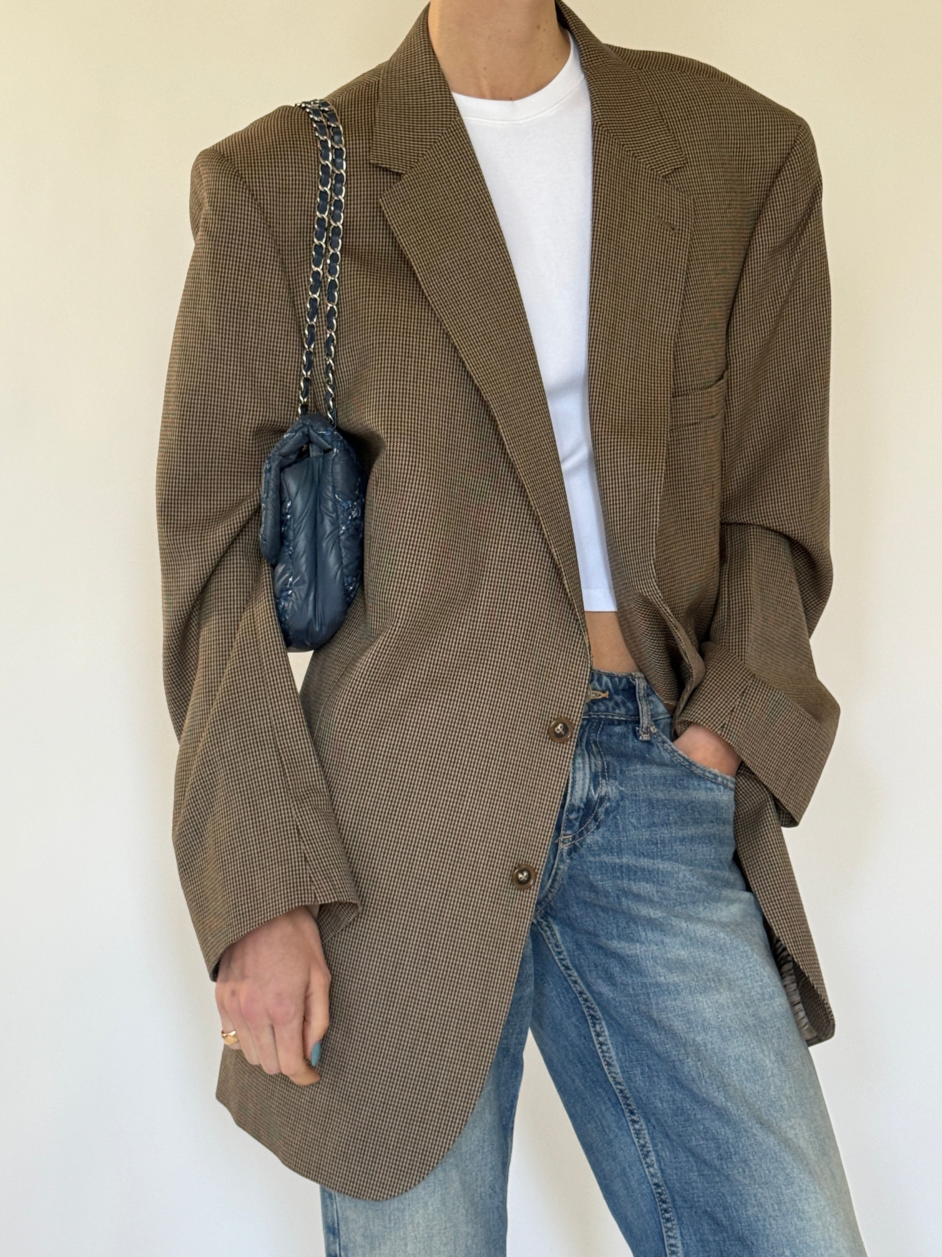 Vintage oversized brown checked blazer front view