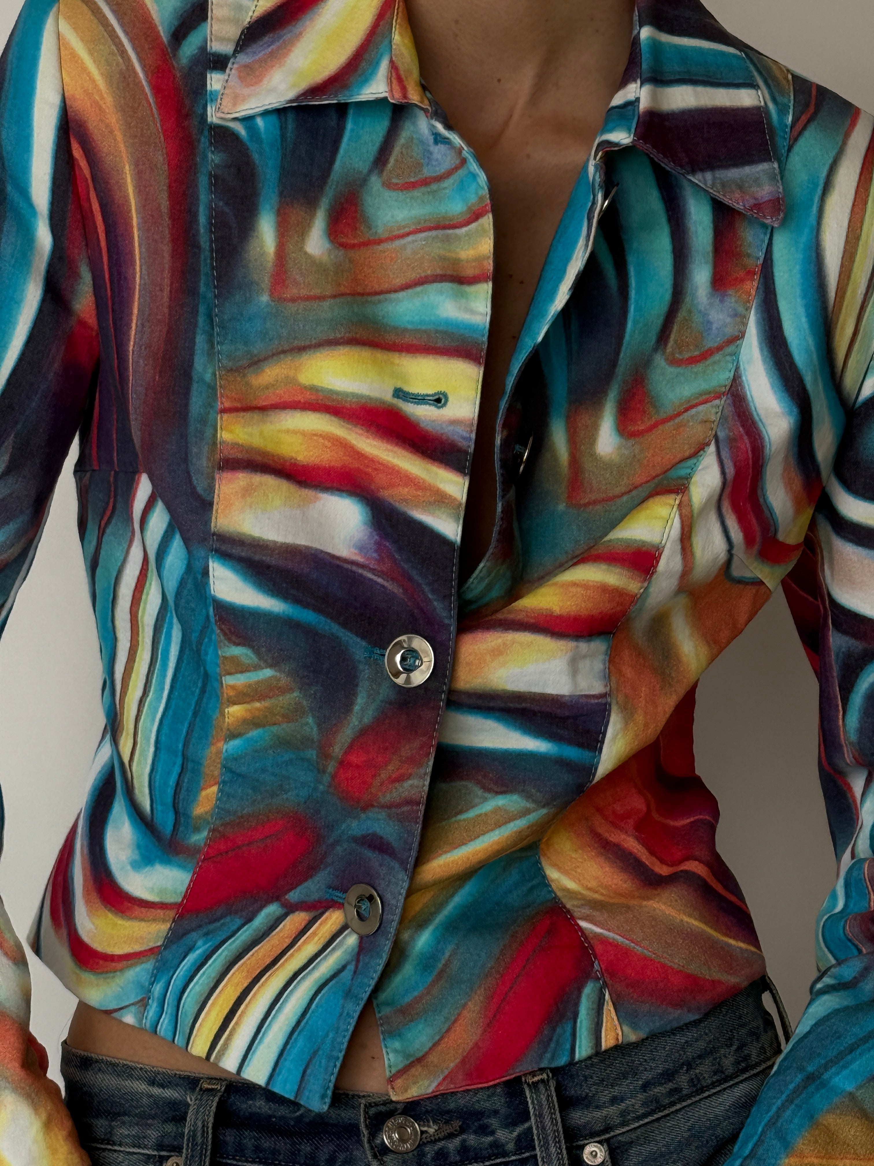 Vintage cropped jacket with abstract multicolor print and button-front closure detail