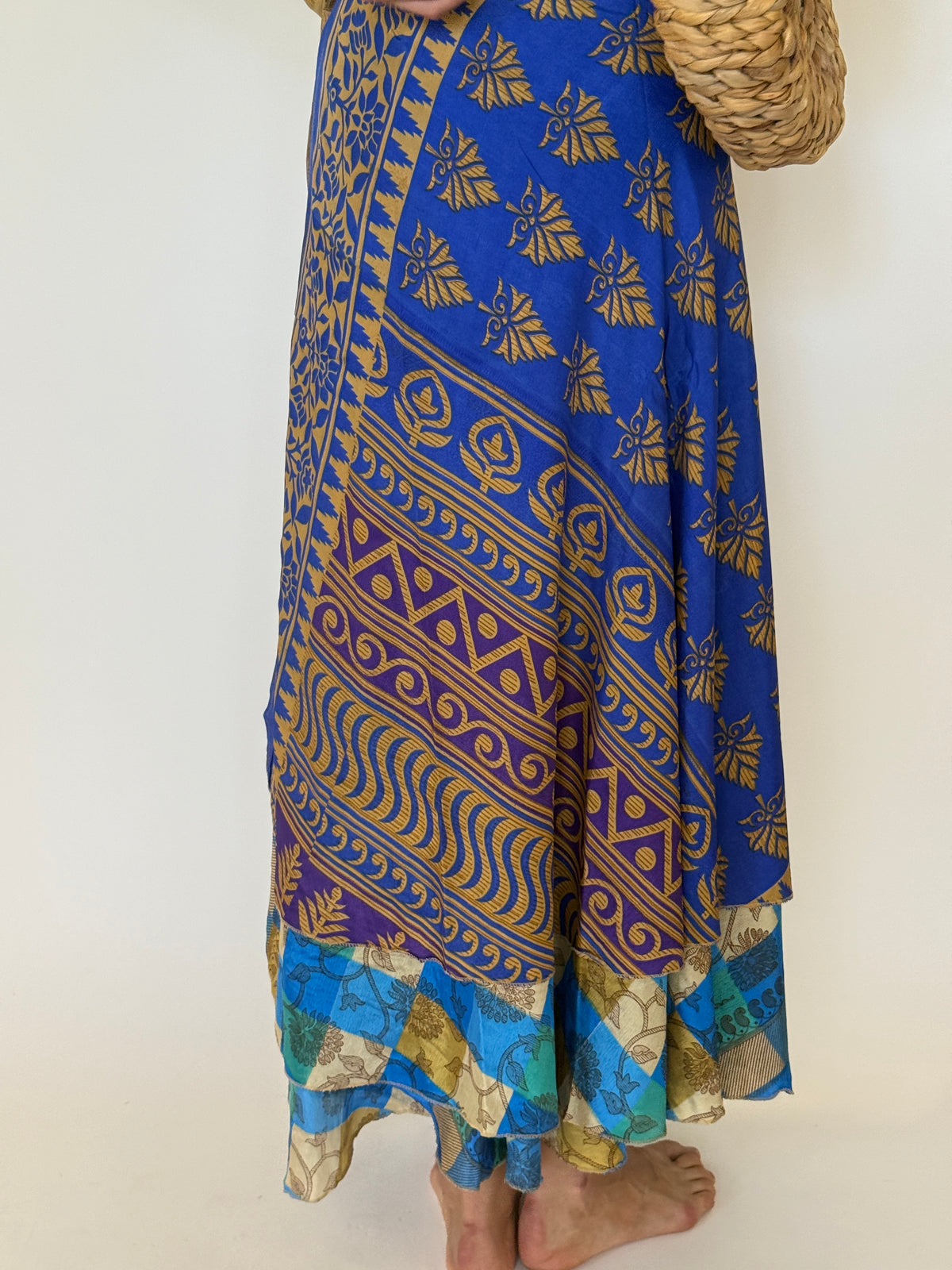 Vintage blue wrap maxi skirt back view