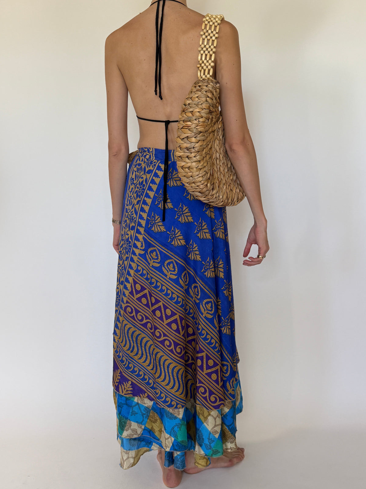 Vintage blue wrap maxi skirt back view