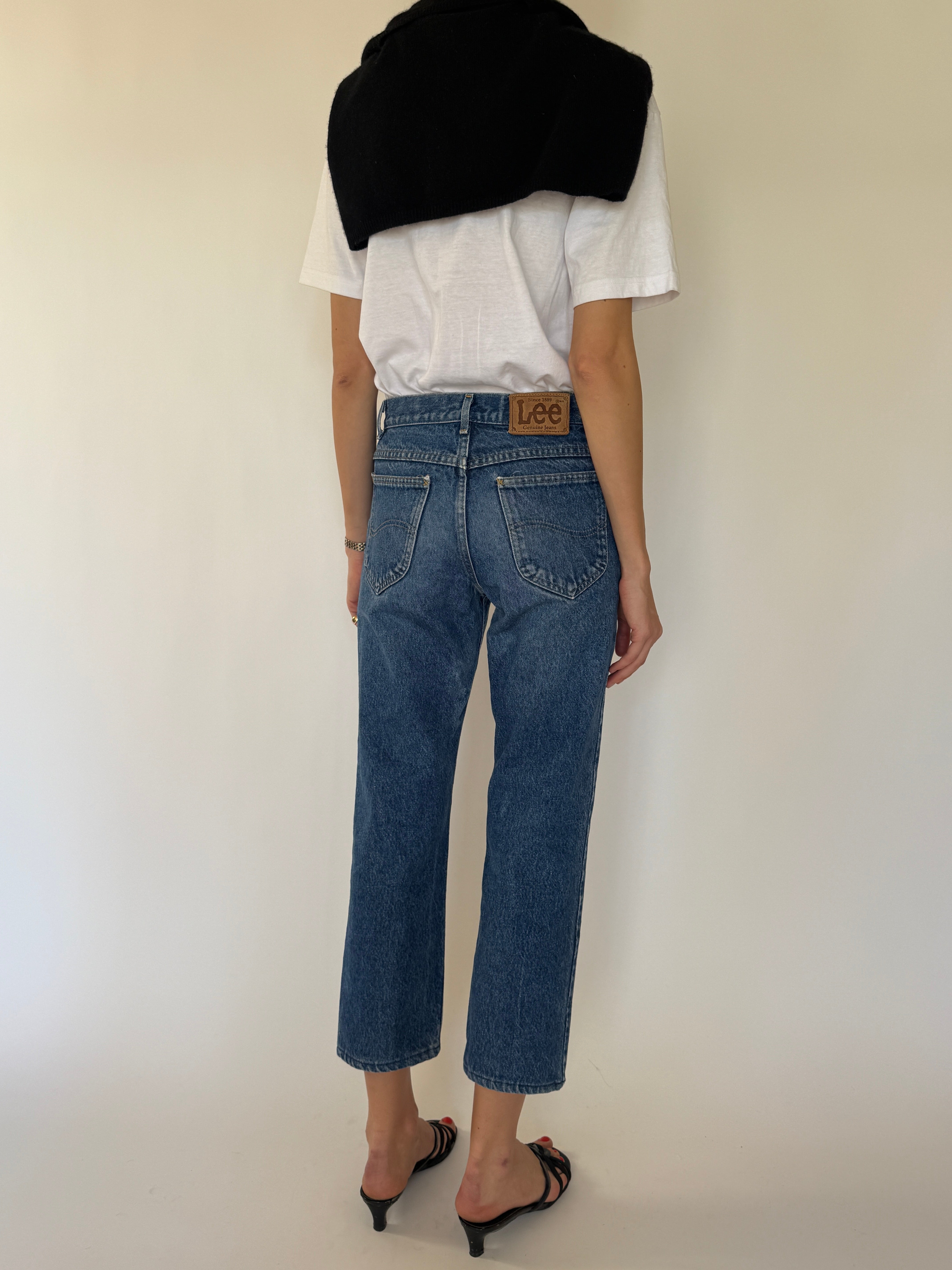 Vintage Lee straight-leg jeans blue back view leather Lee patch