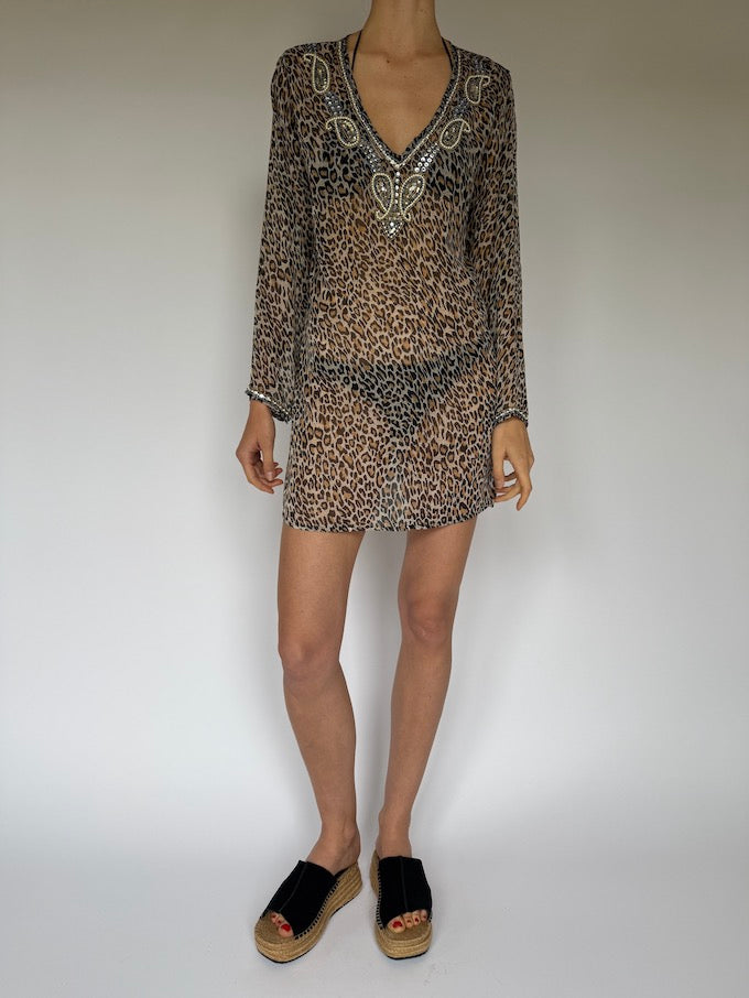 sheer leopard dress Vintage Sheer Leopard Print Cover-Up Dress/Top 6050