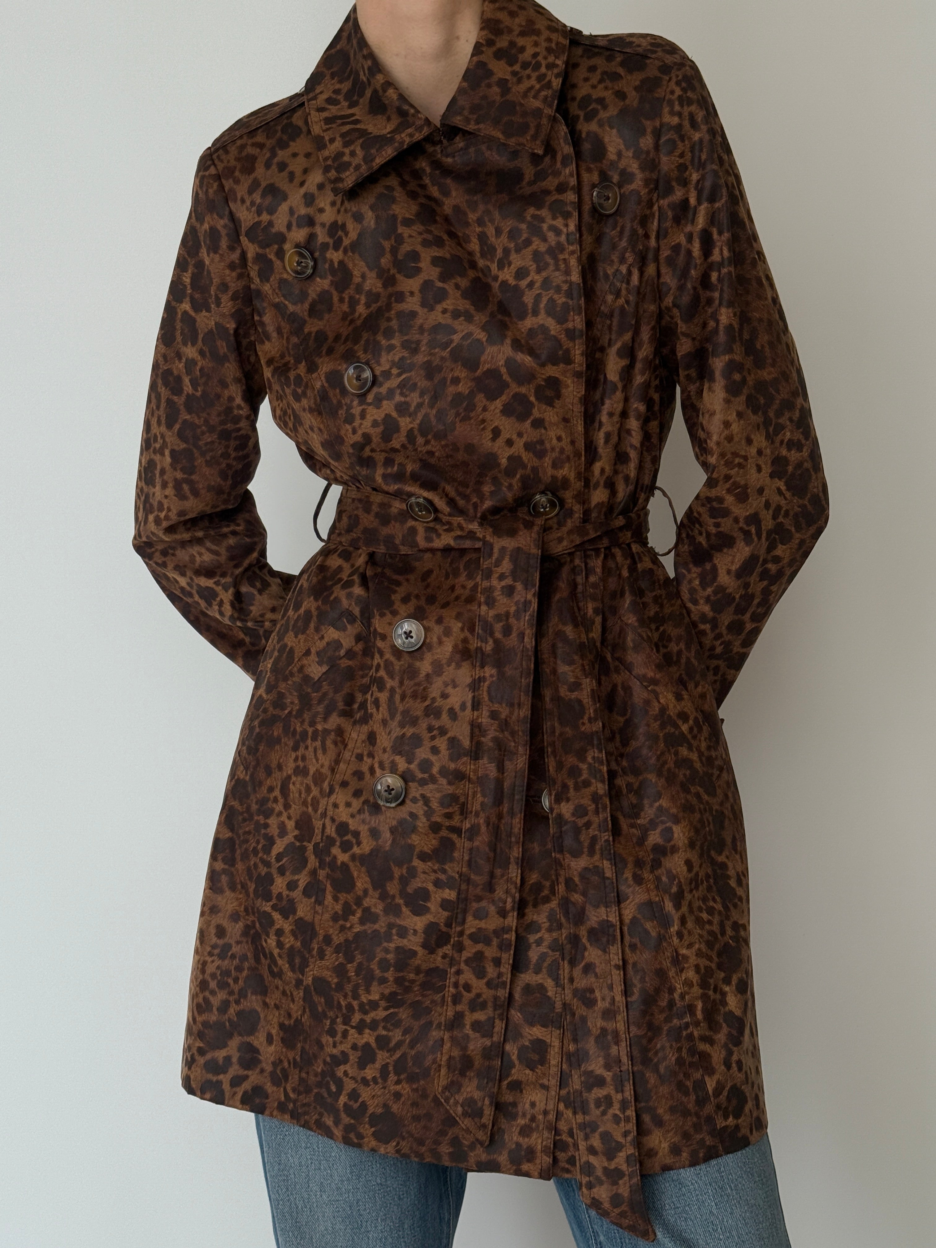 Vintage brown leopard print trench coat with belt front view