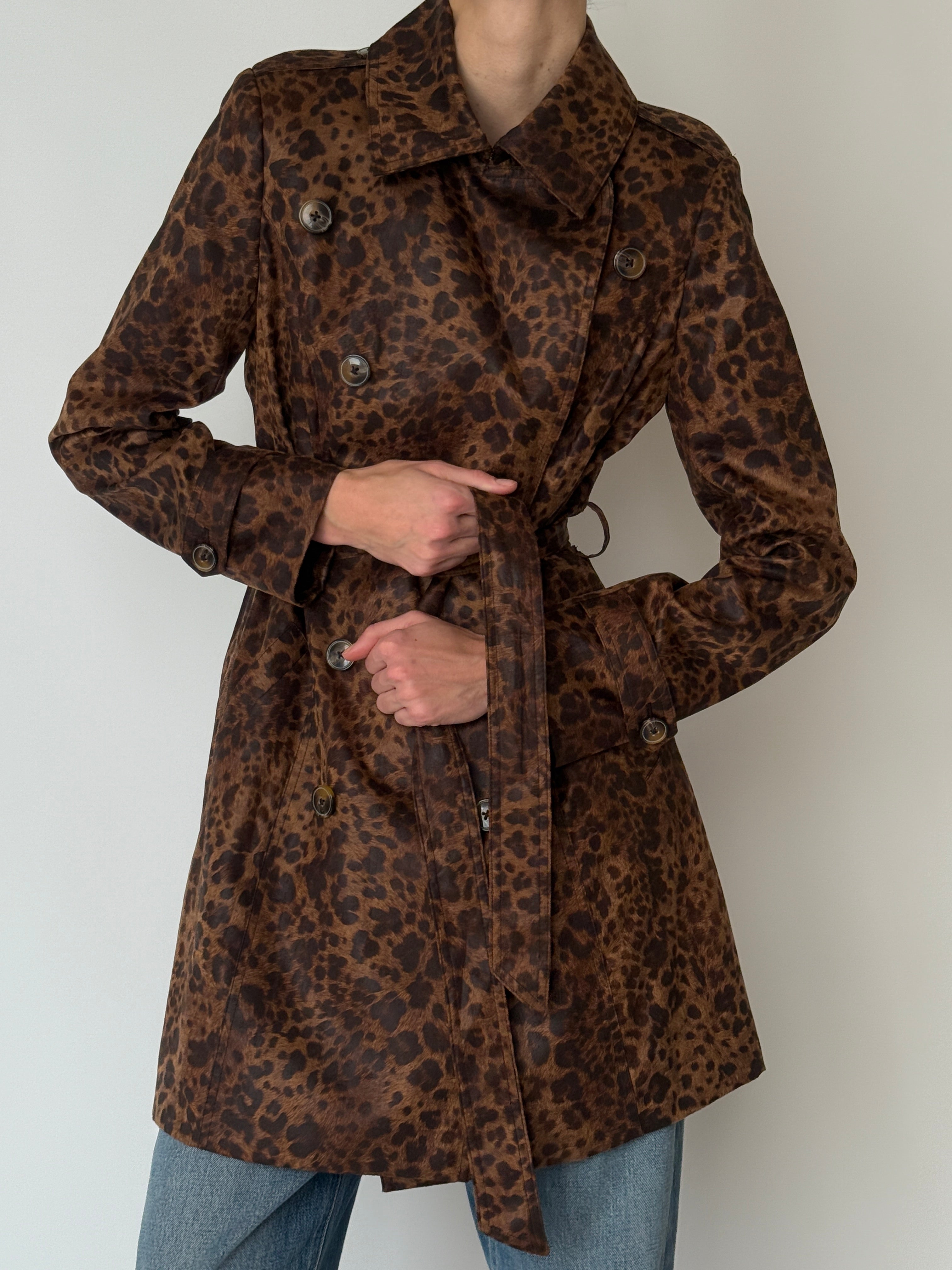 Vintage brown leopard print trench coat back view with belted waist