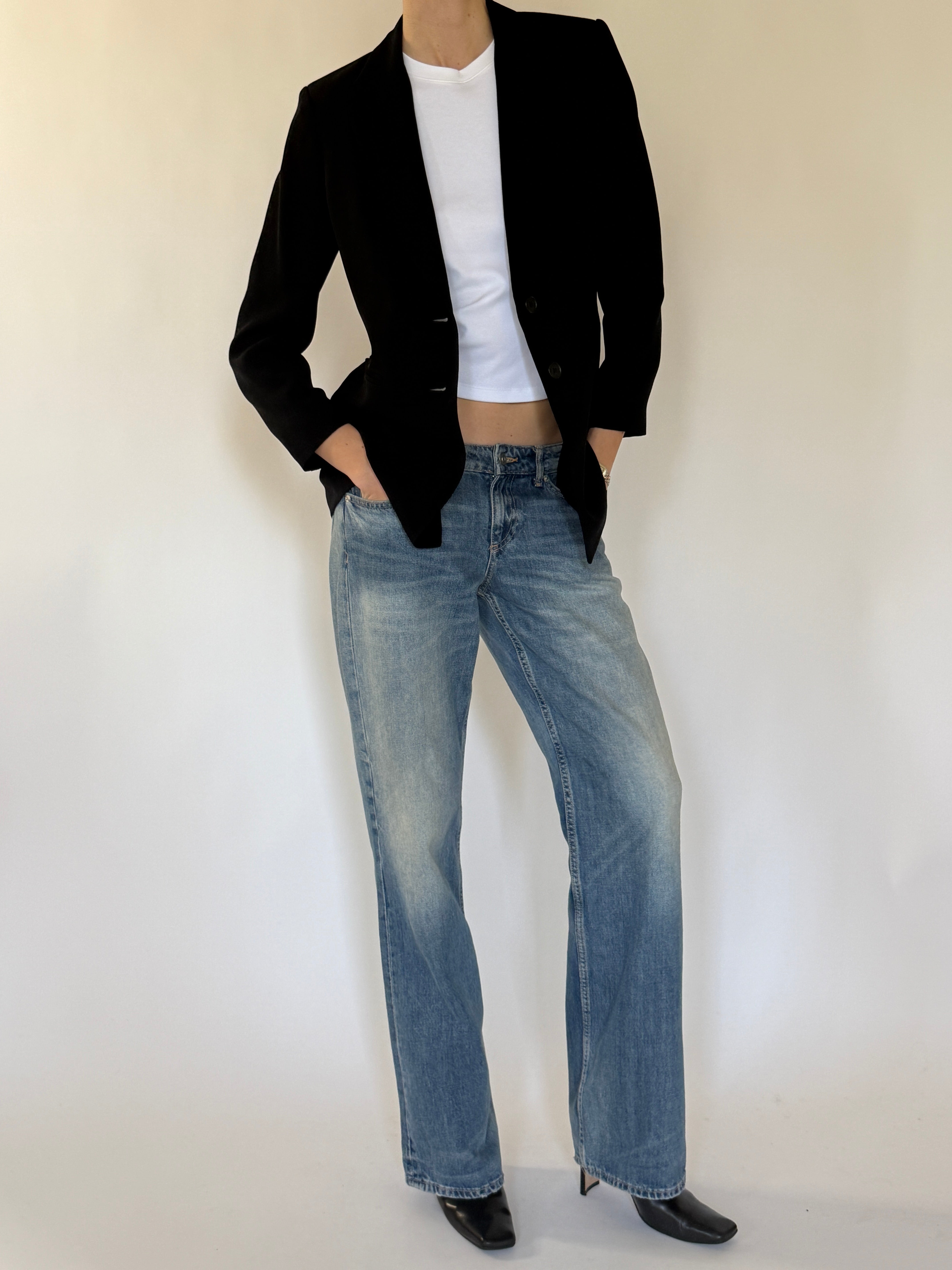 Vintage timeless black blazer styled with denim