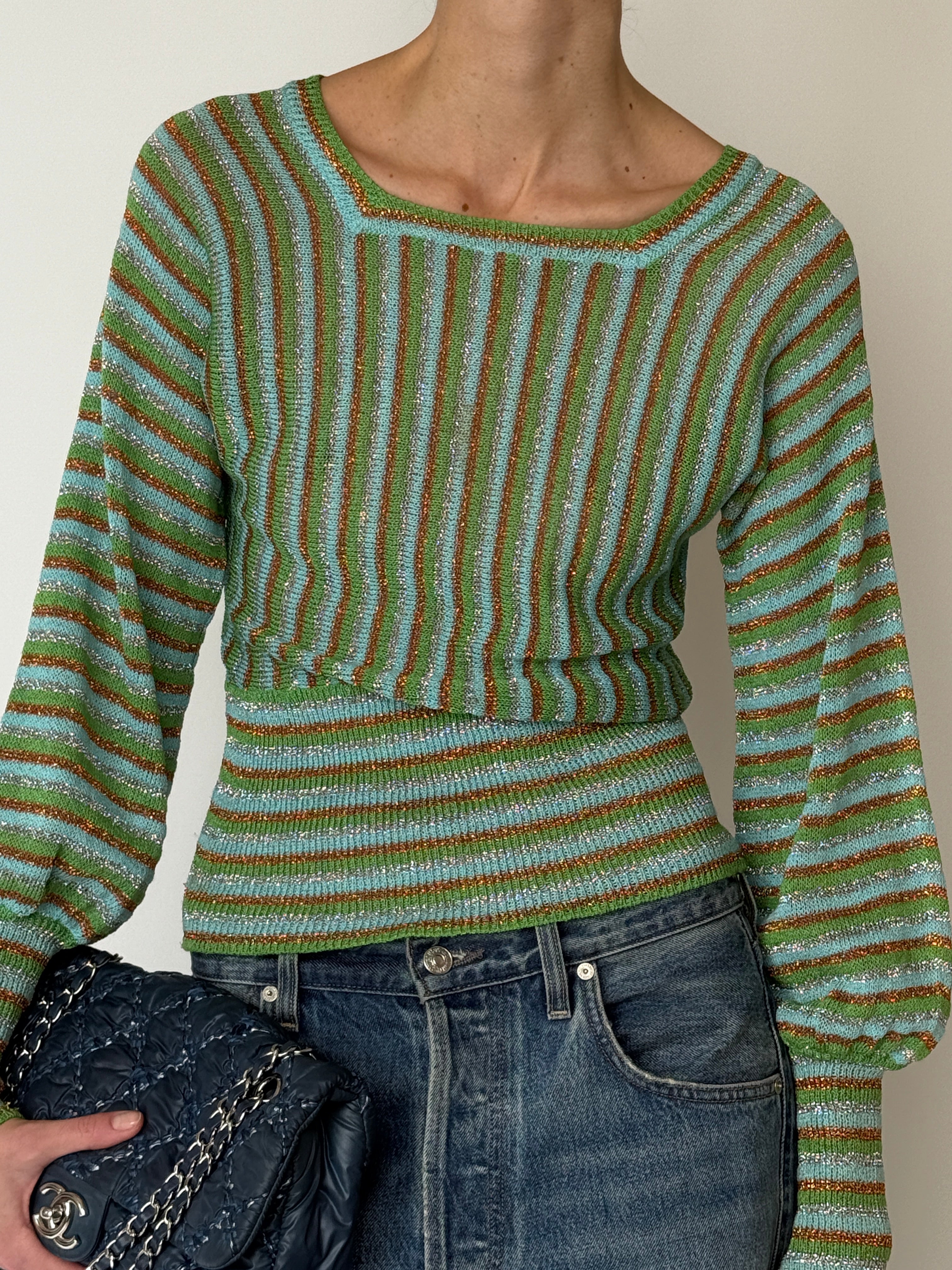 Long sleeve metallic striped knit top with scoop neckline