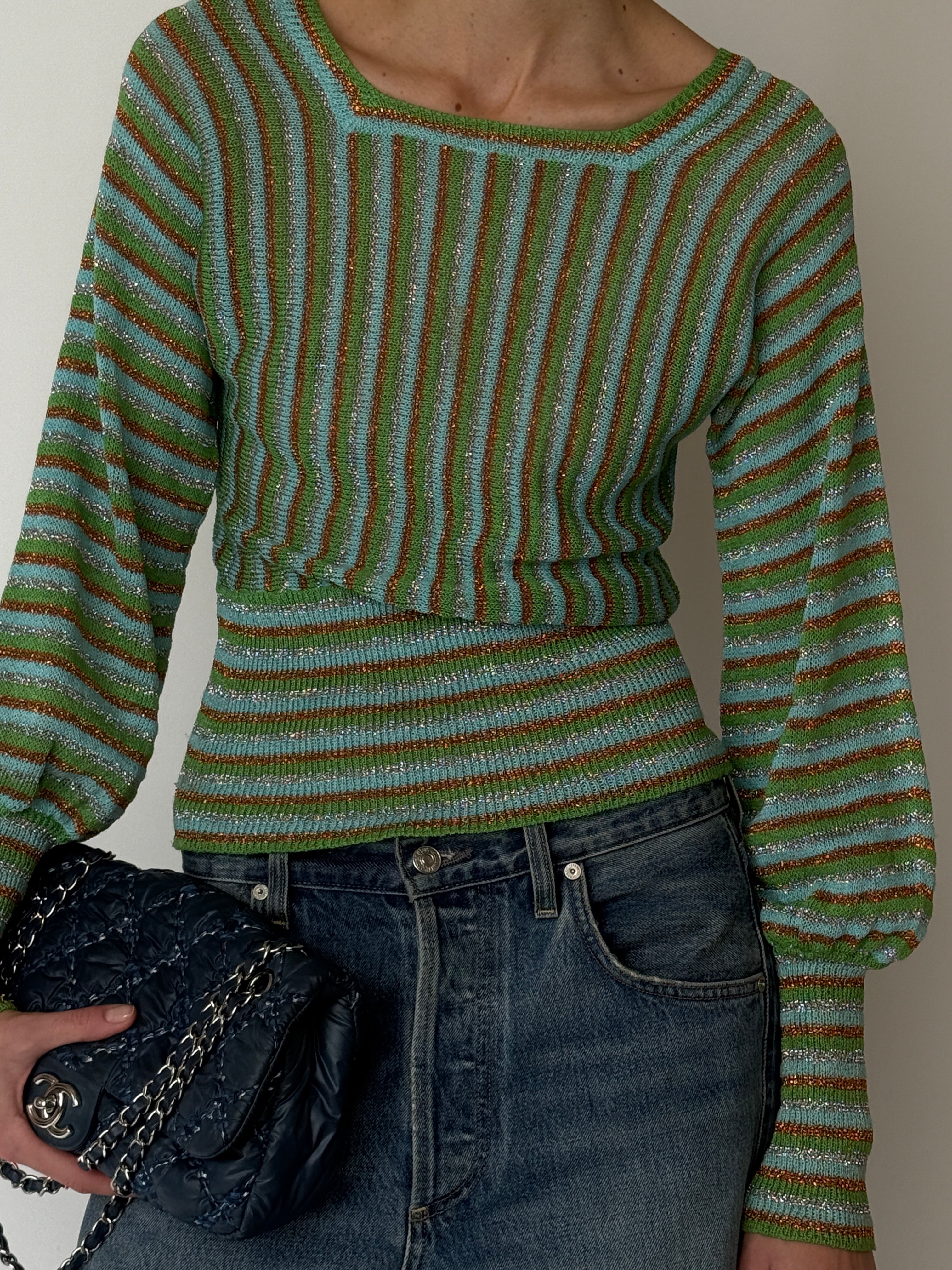 Vintage metallic stripe knit top with green blue and copper tones