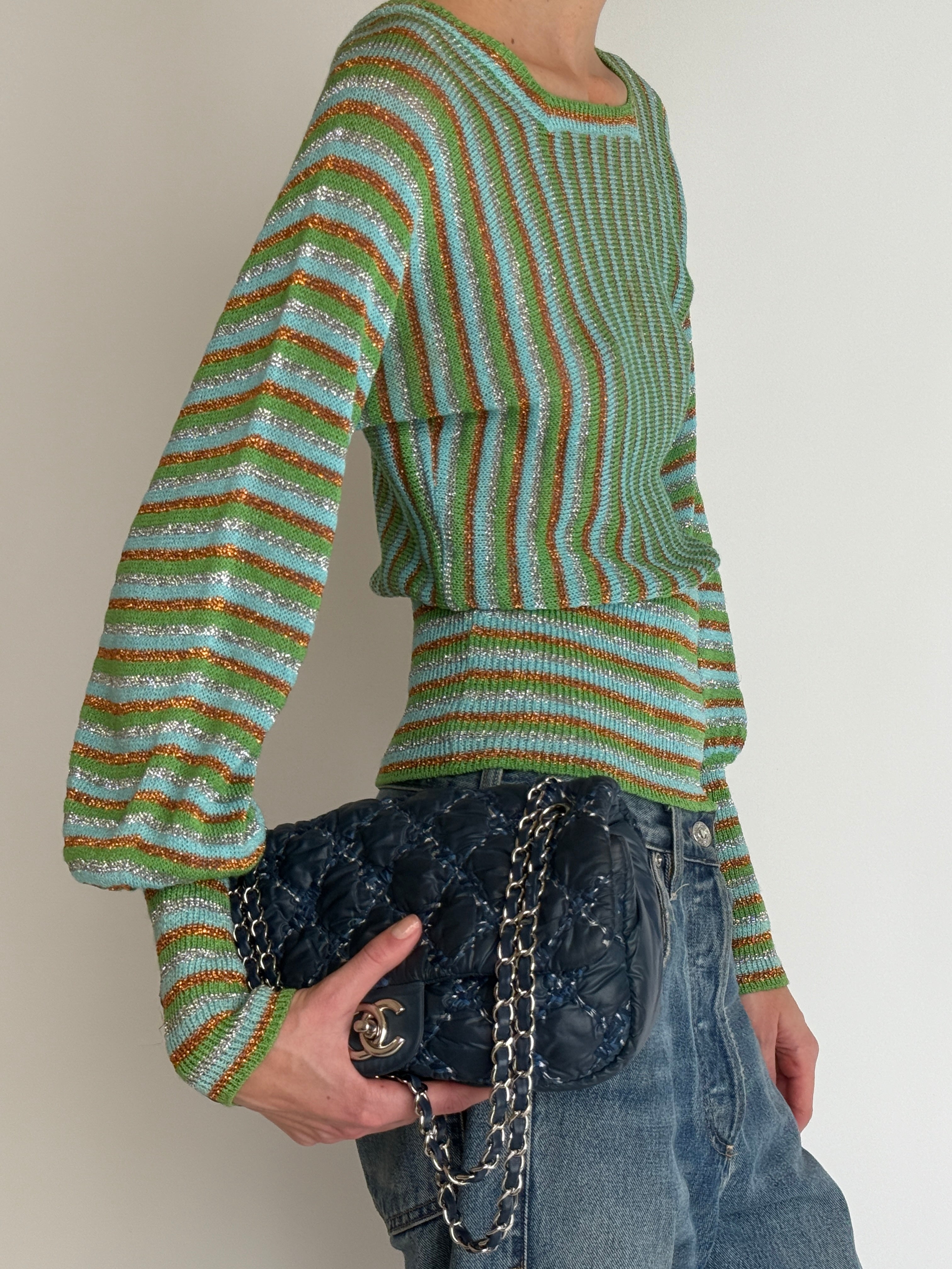 Vintage lightweight metallic stripe sweater with ribbed hem side view