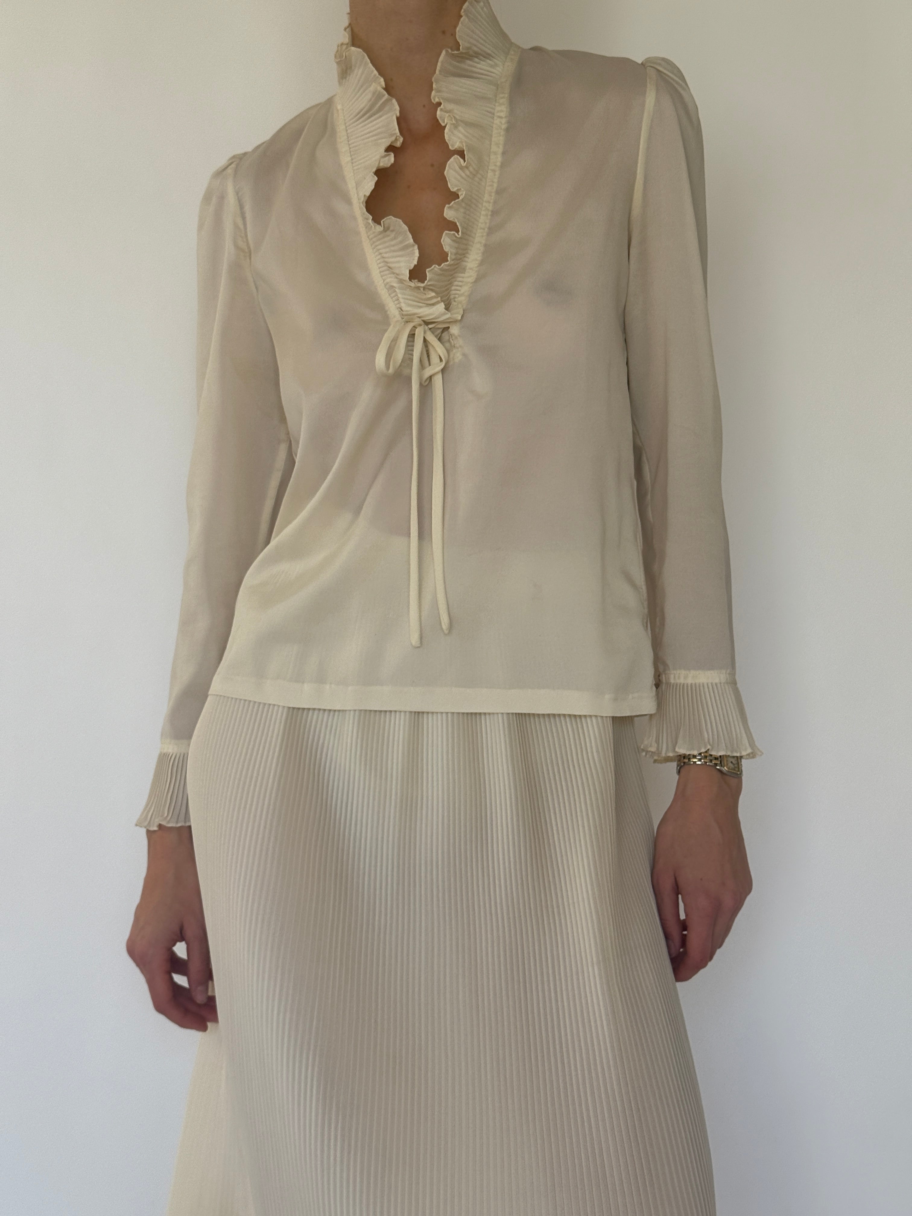 Vintage cream blouse and pleated skirt set ruffle neckline detail