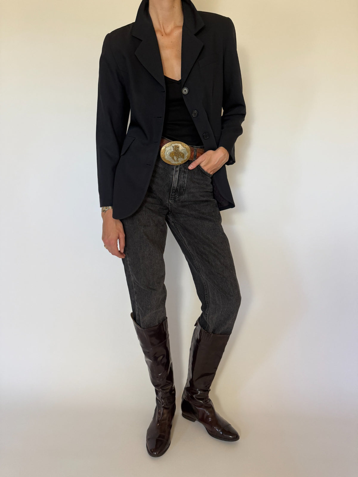 Three-quarter view of navy blue blazer