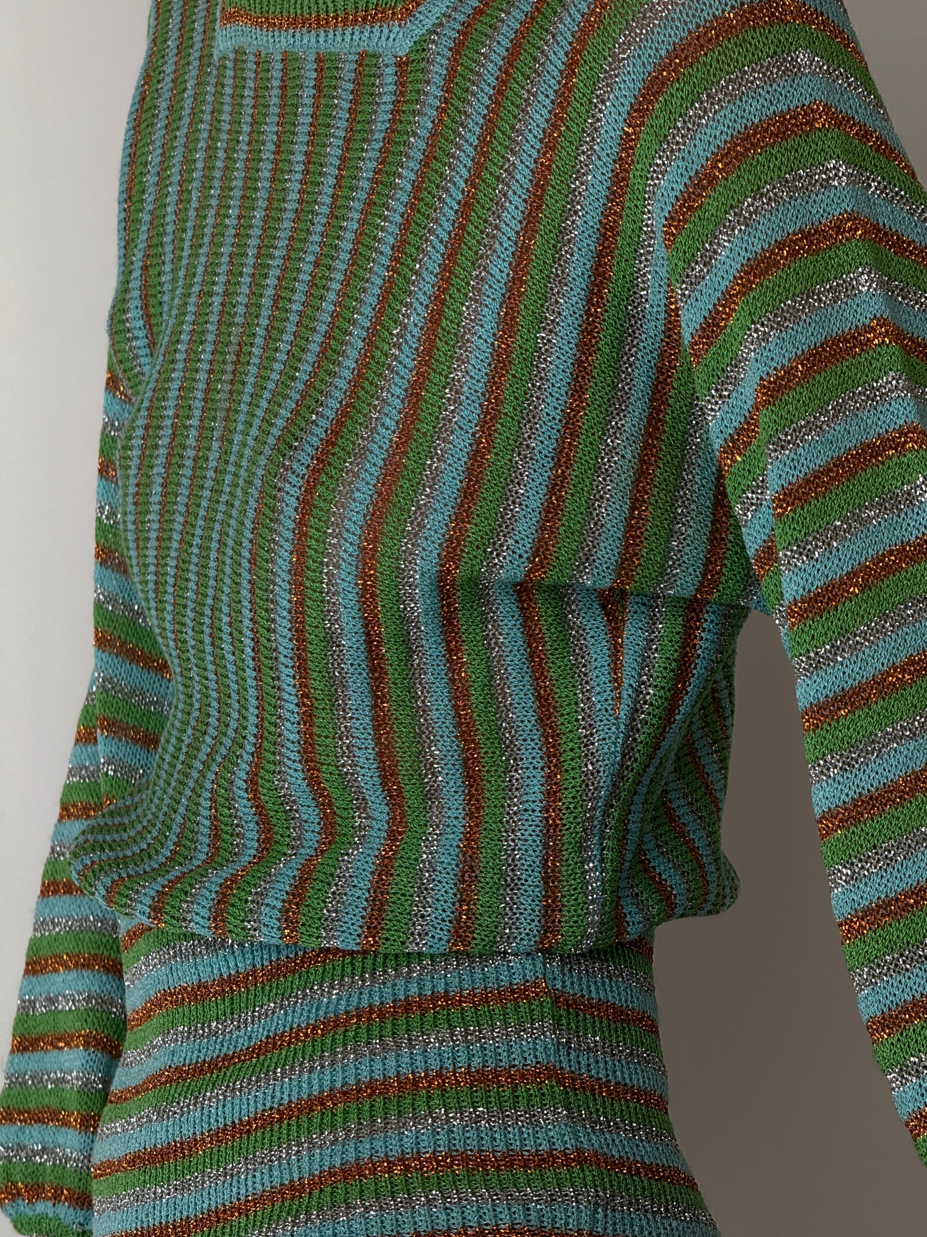 Vintage lightweight metallic stripe sweater with ribbed hem side view detail