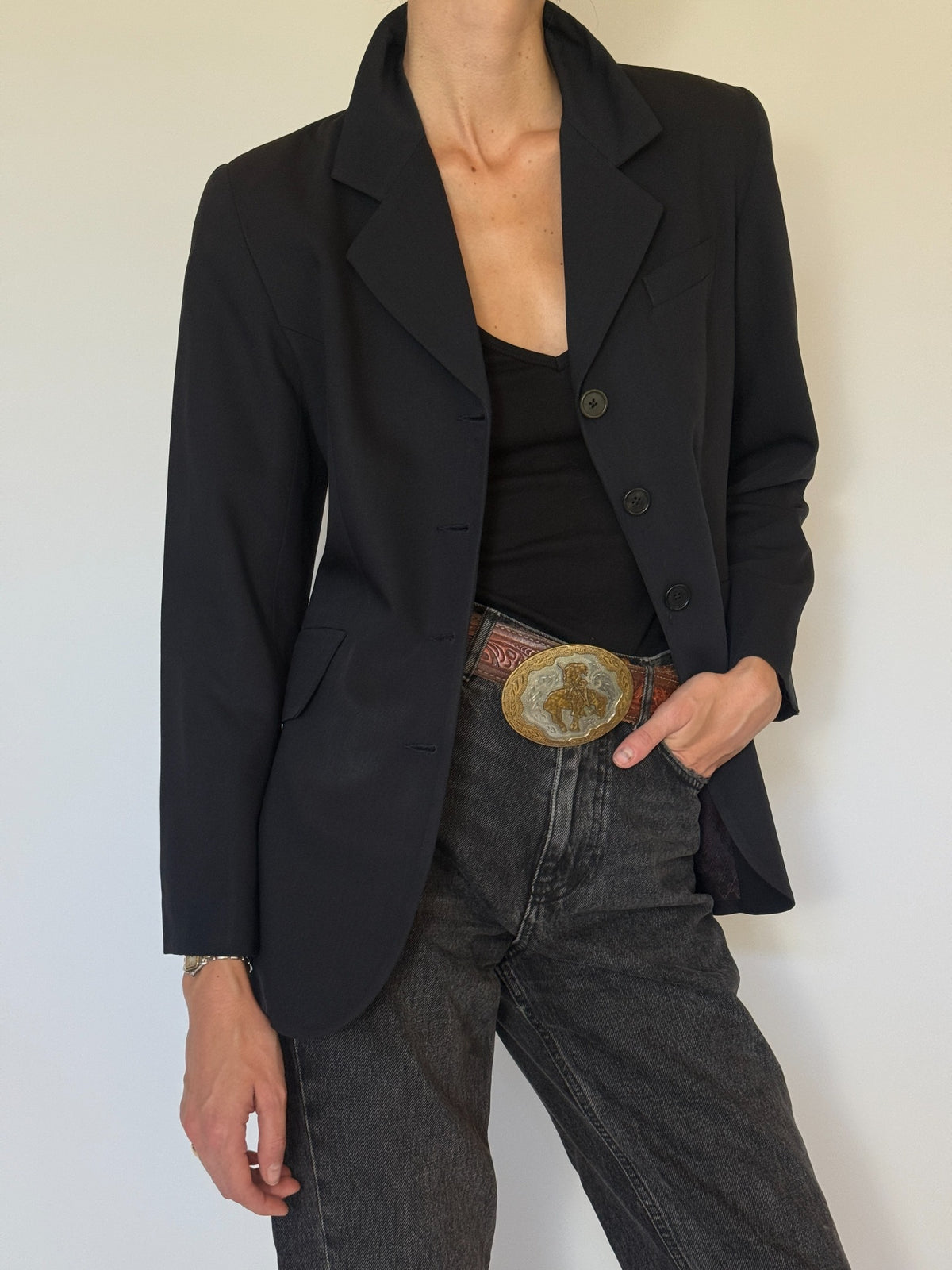 Close view of lapels and four buttons
