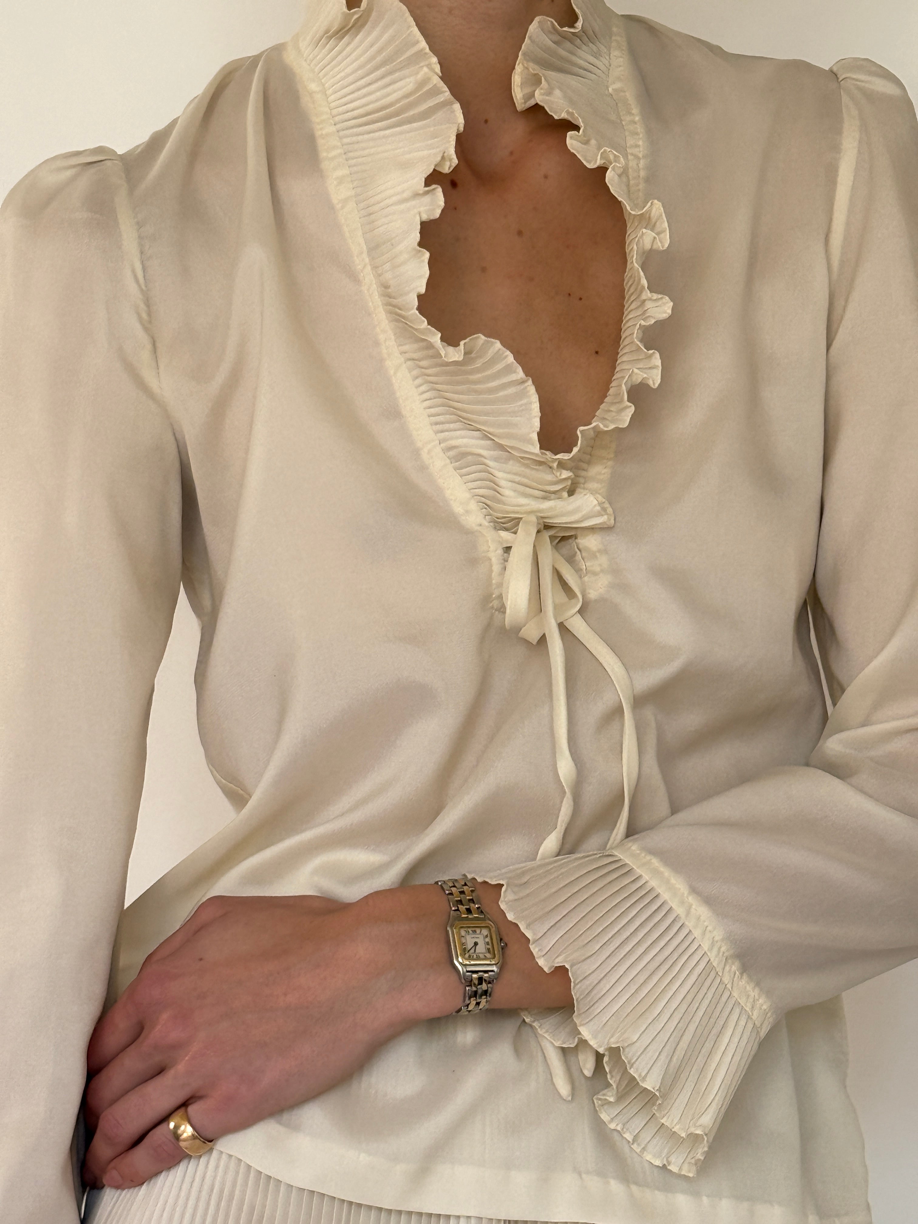 Vintage cream blouse and pleated skirt set front view