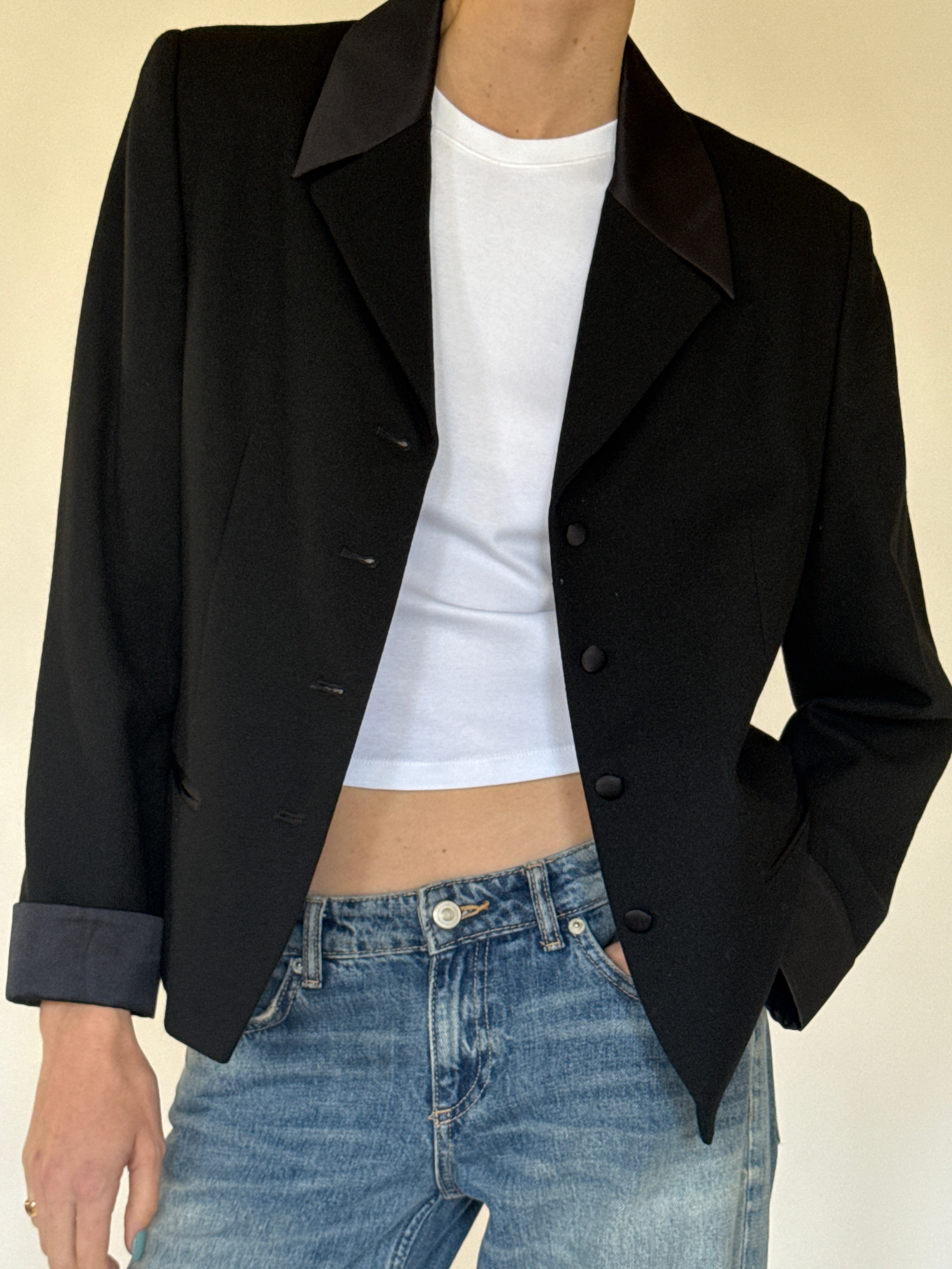 Vintage black satin collar blazer front view