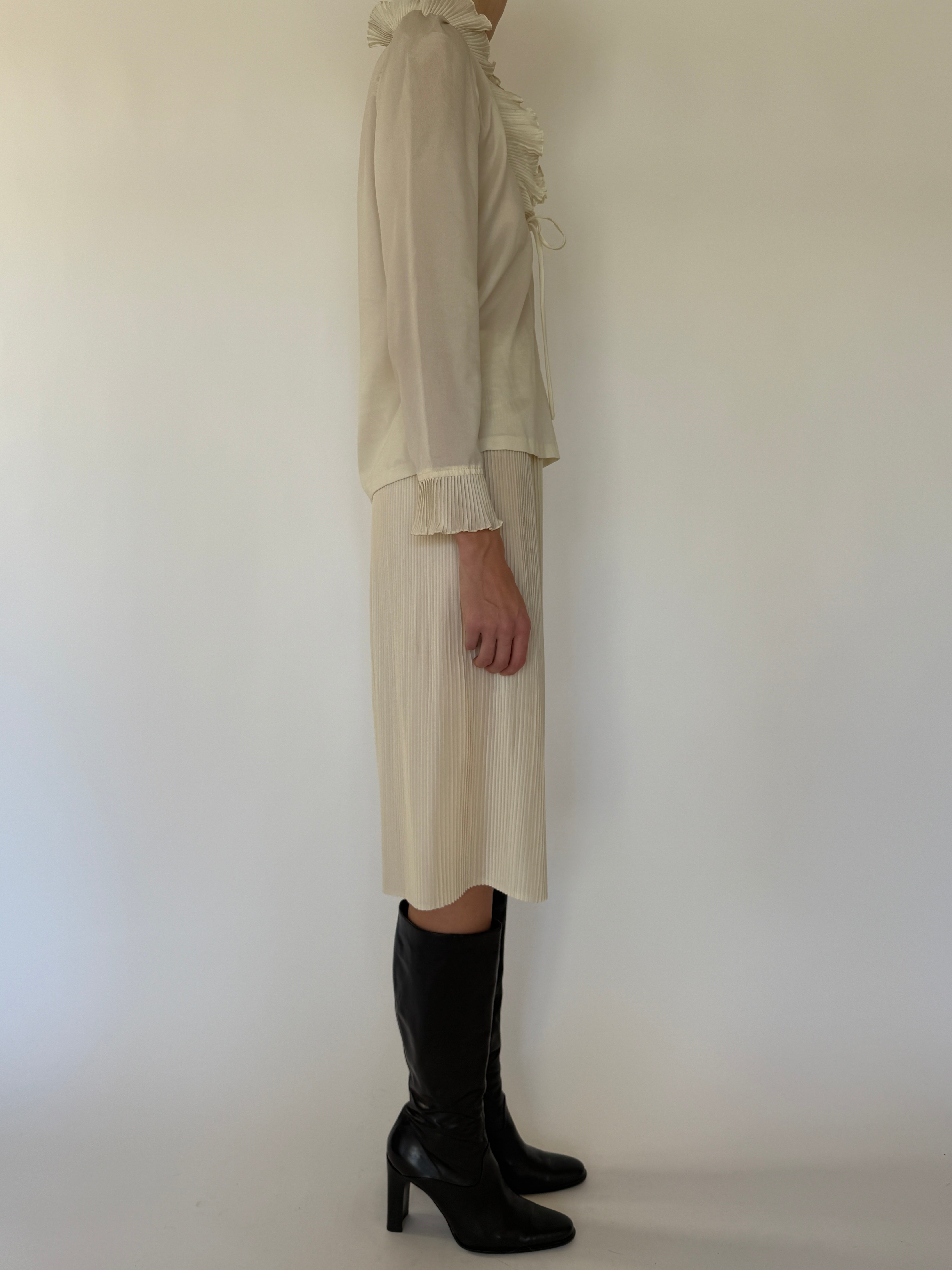 Vintage cream blouse and pleated skirt set side view