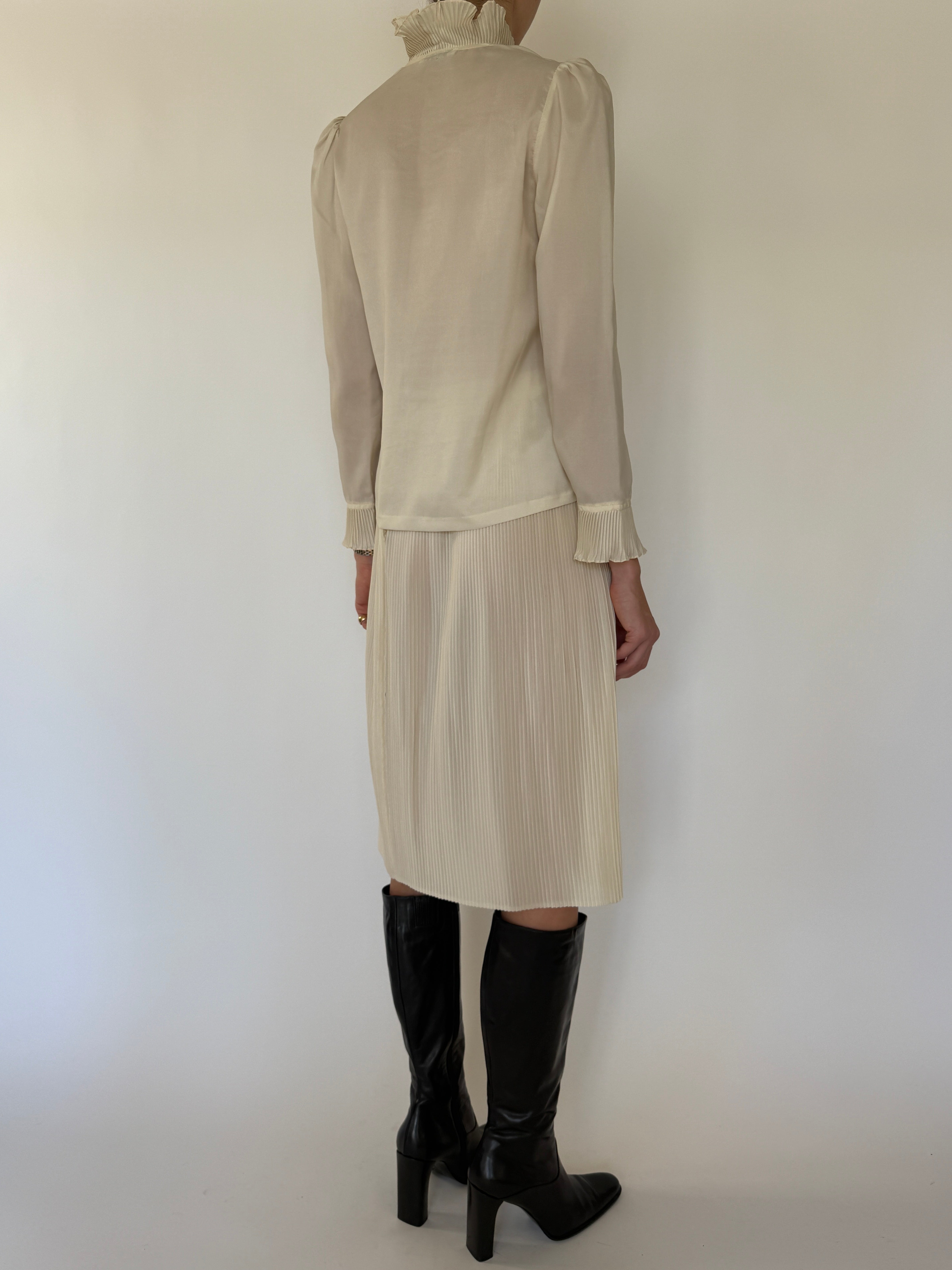 Vintage cream blouse and pleated skirt set back view