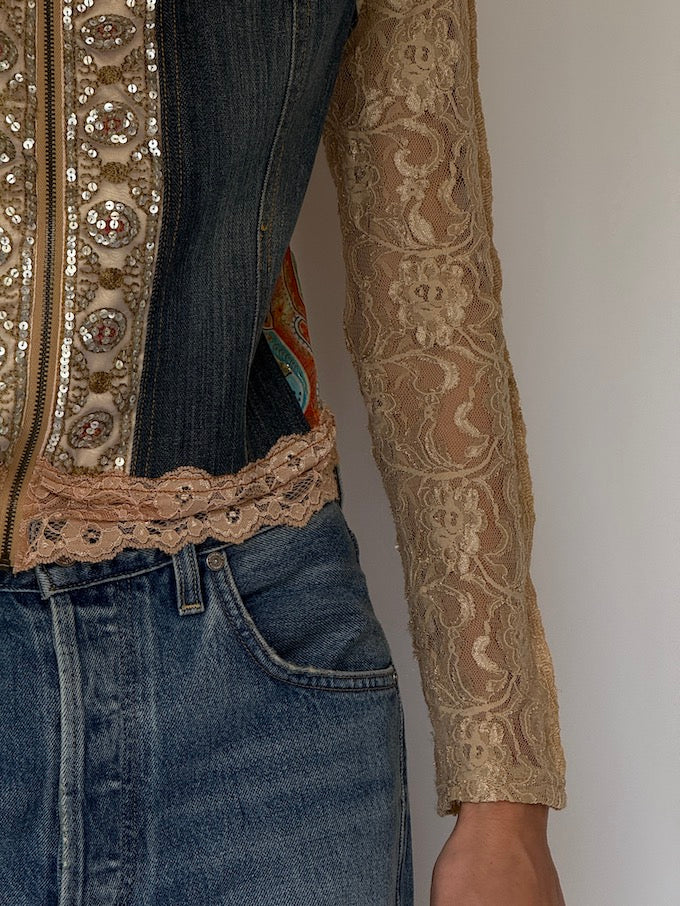Vintage Lace & Denim Embellished Jacket 6635