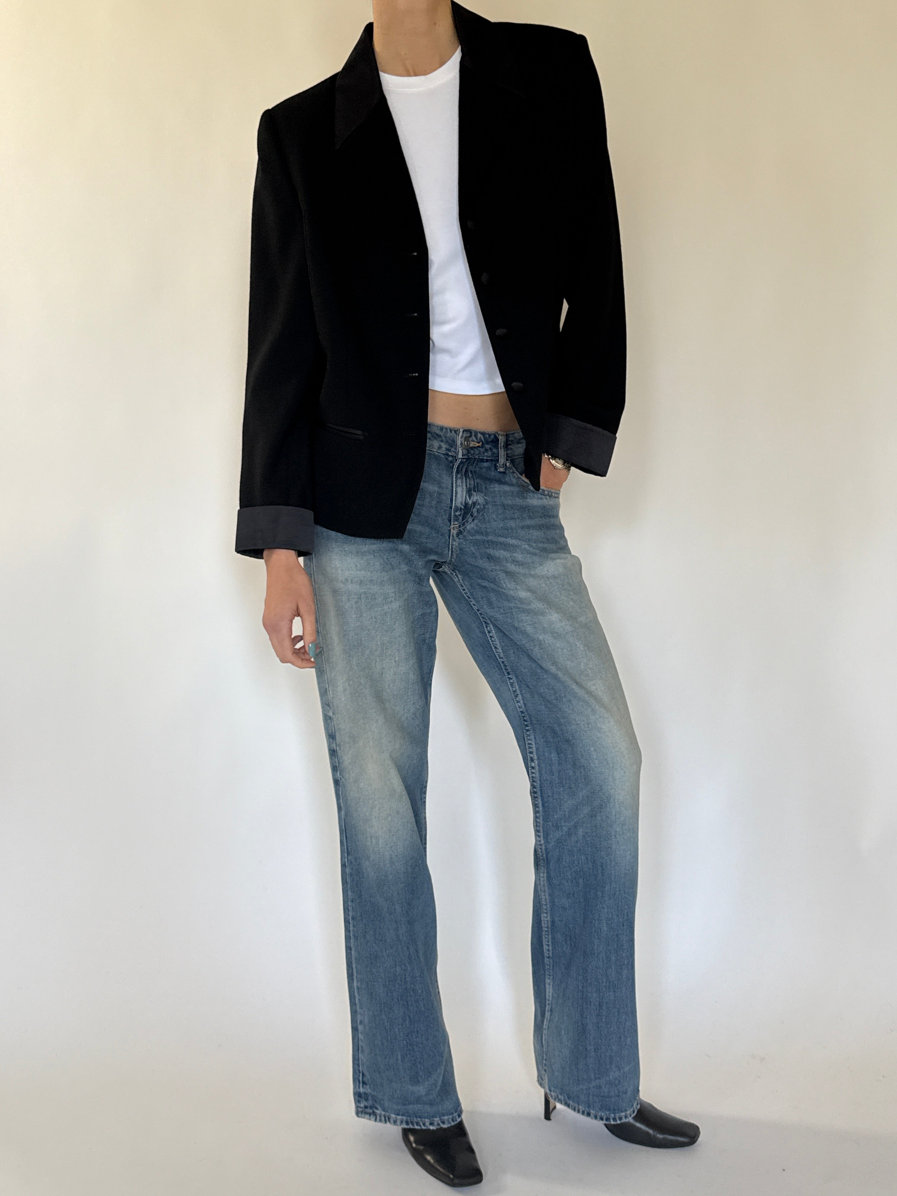 Vintage black satin collar blazer front view