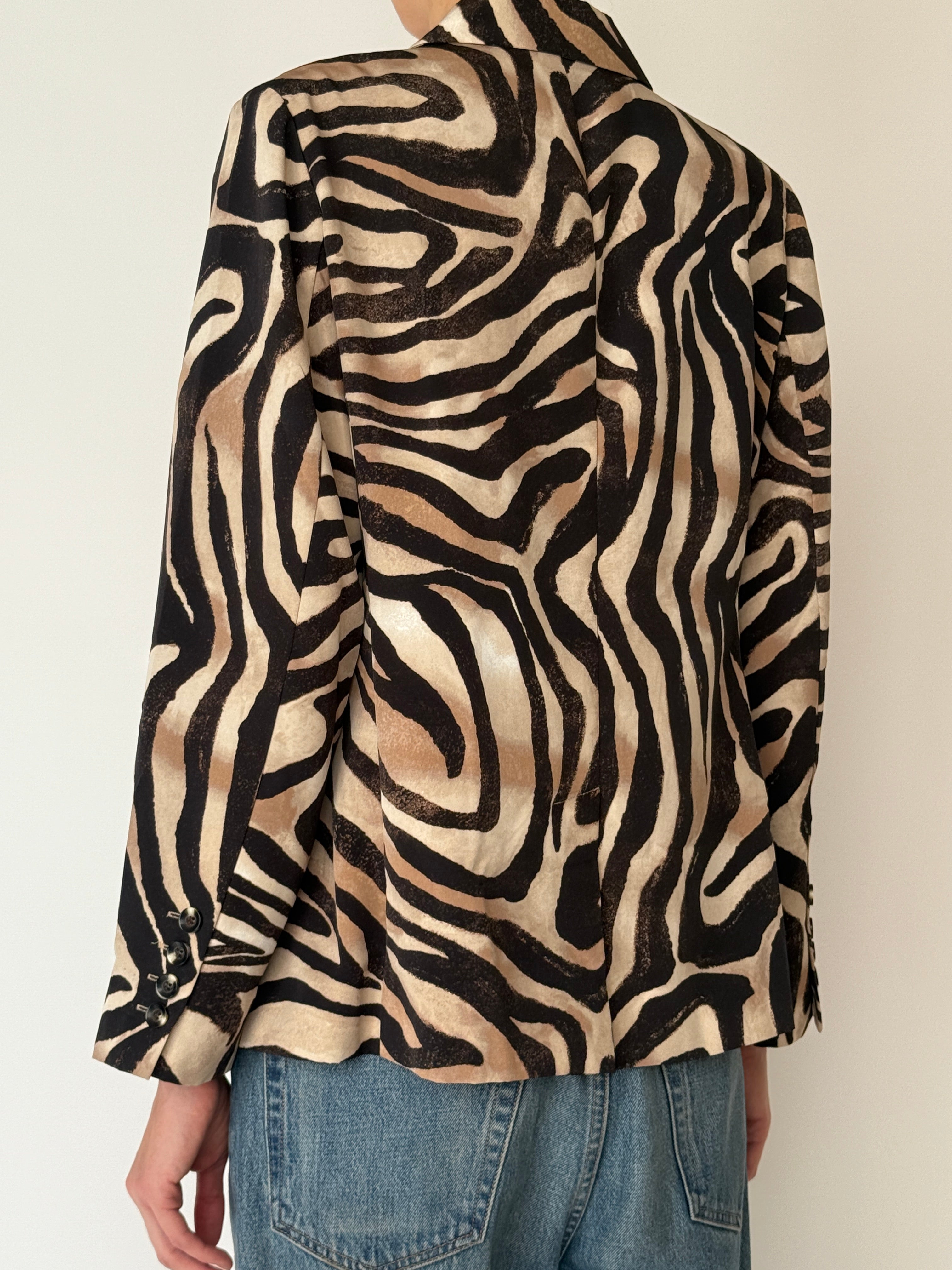 One-of-a-kind brown and black zebra pattern blazer, back view
