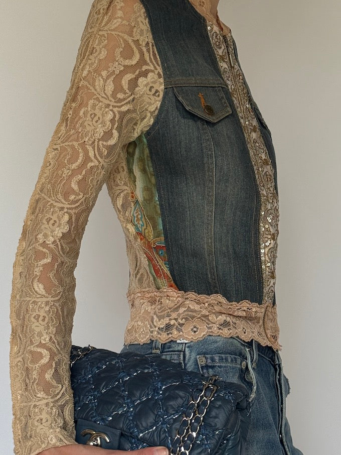 Vintage Lace & Denim Embellished Jacket 6635