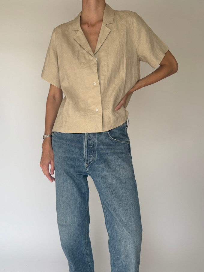 Vintage short-sleeve linen top beige 6064