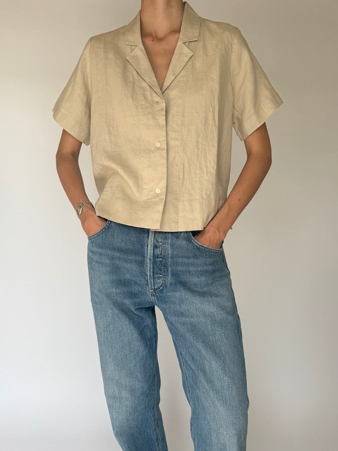 Vintage short-sleeve linen top beige 6064