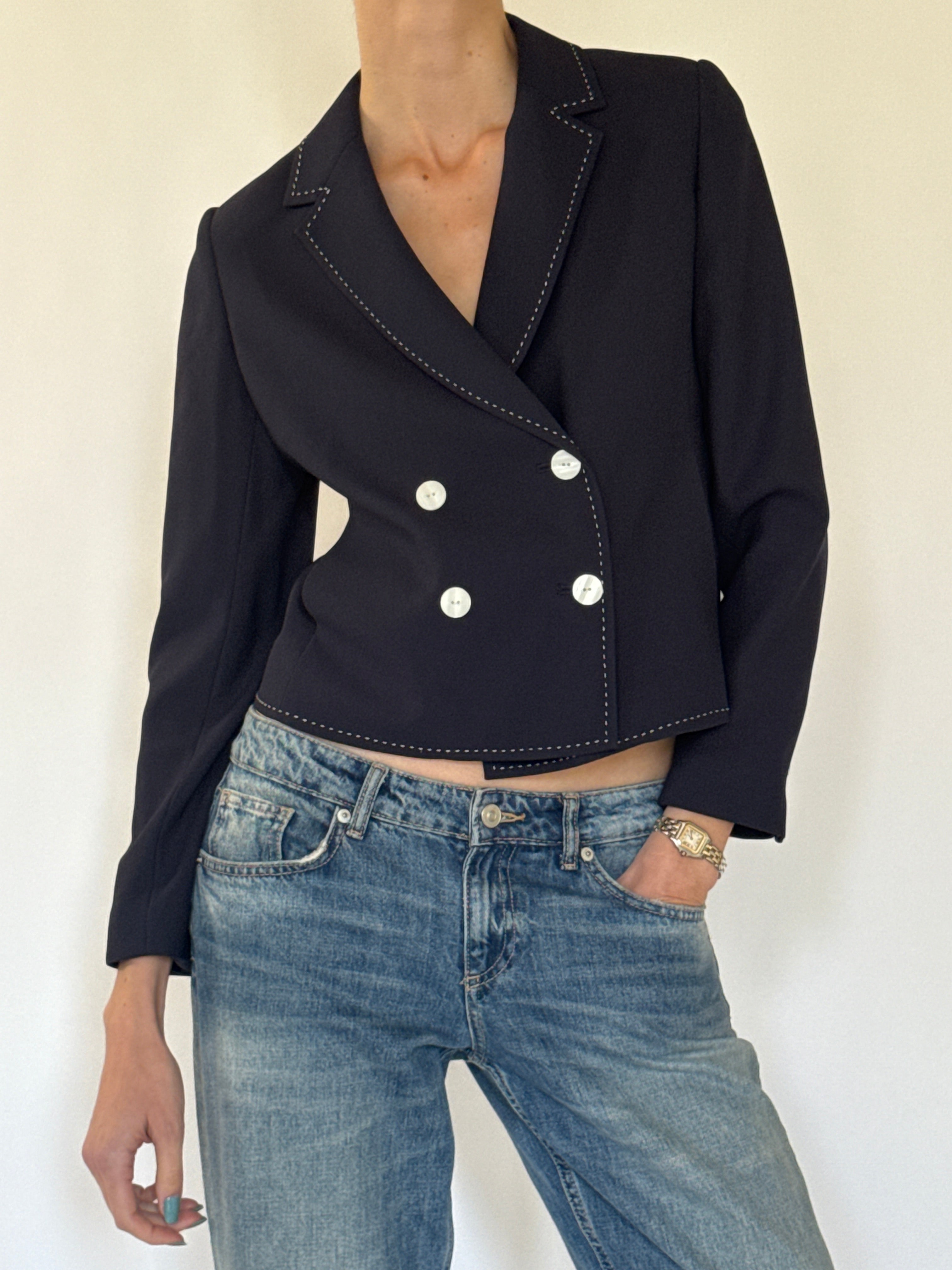Vintage navy jacket fabric close-up