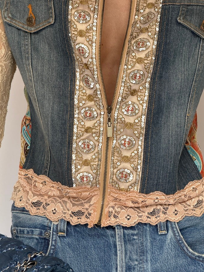 Vintage Lace & Denim Embellished Jacket 6635