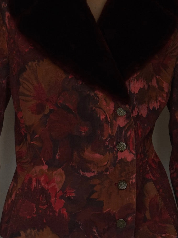Vintage Floral Jacquard Faux-Collar Blazer 6636