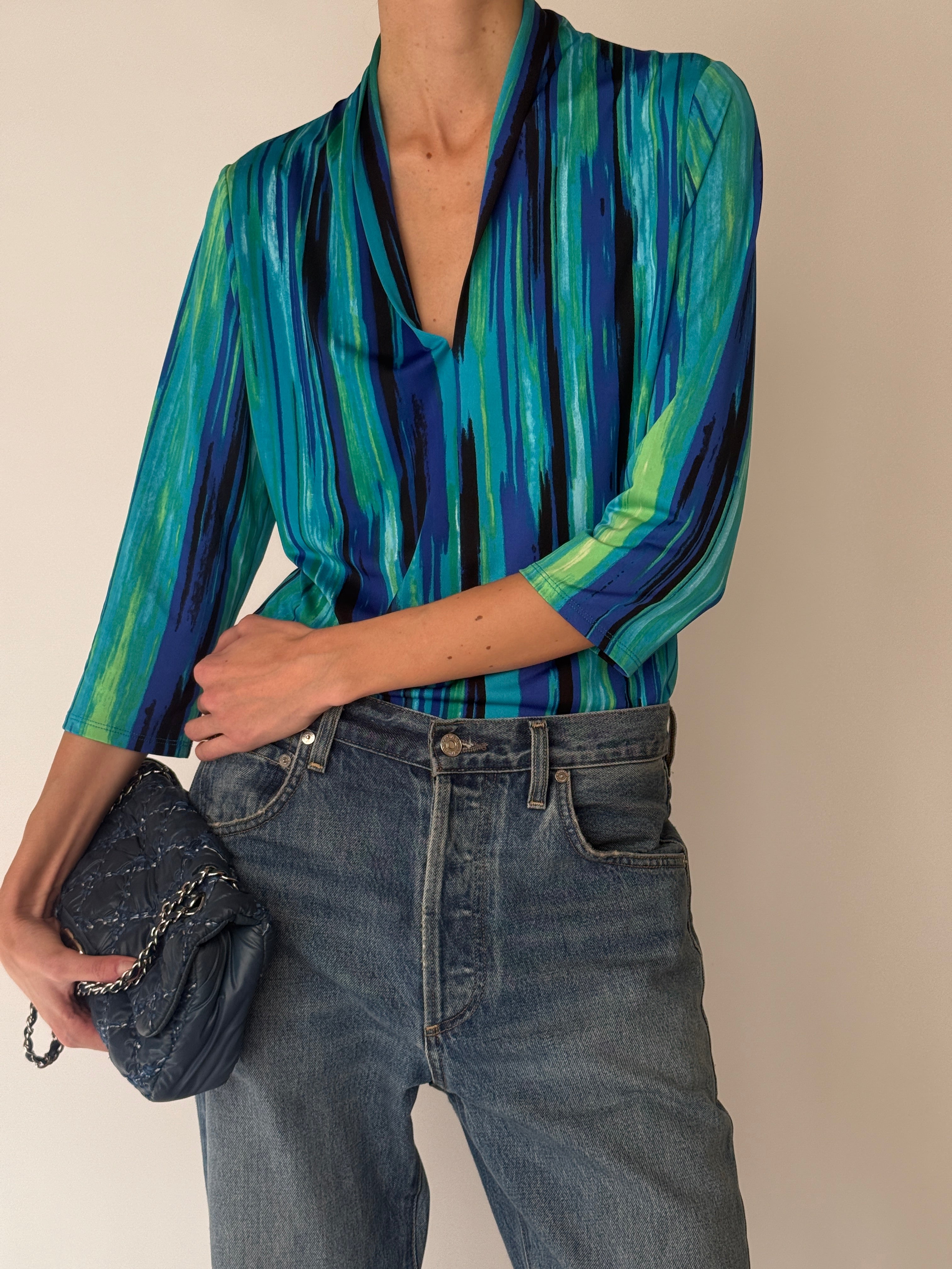 Vintage Abstract Stripe Top Blue 6505