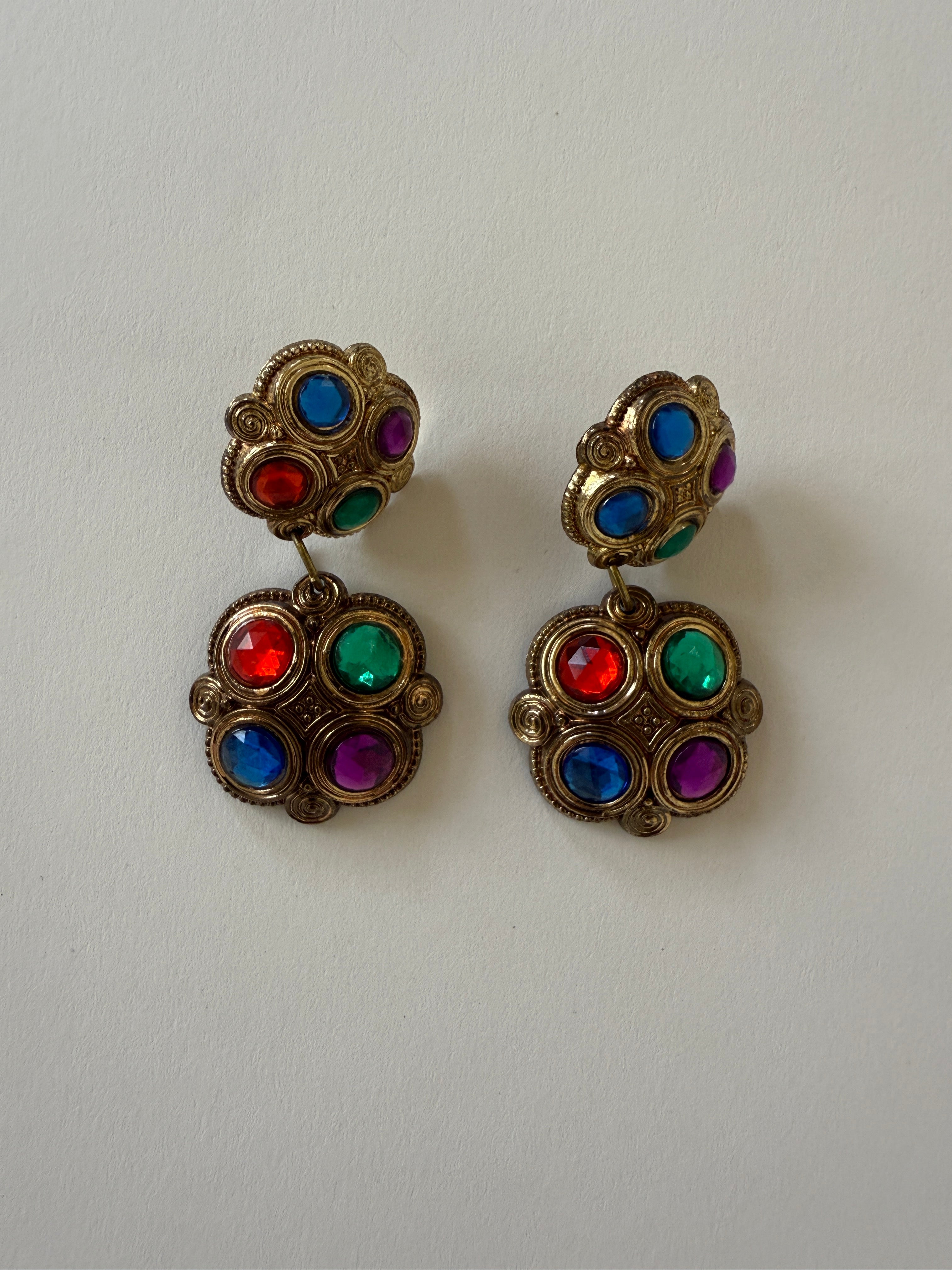 Vintage multicolor gem drop earrings front view
