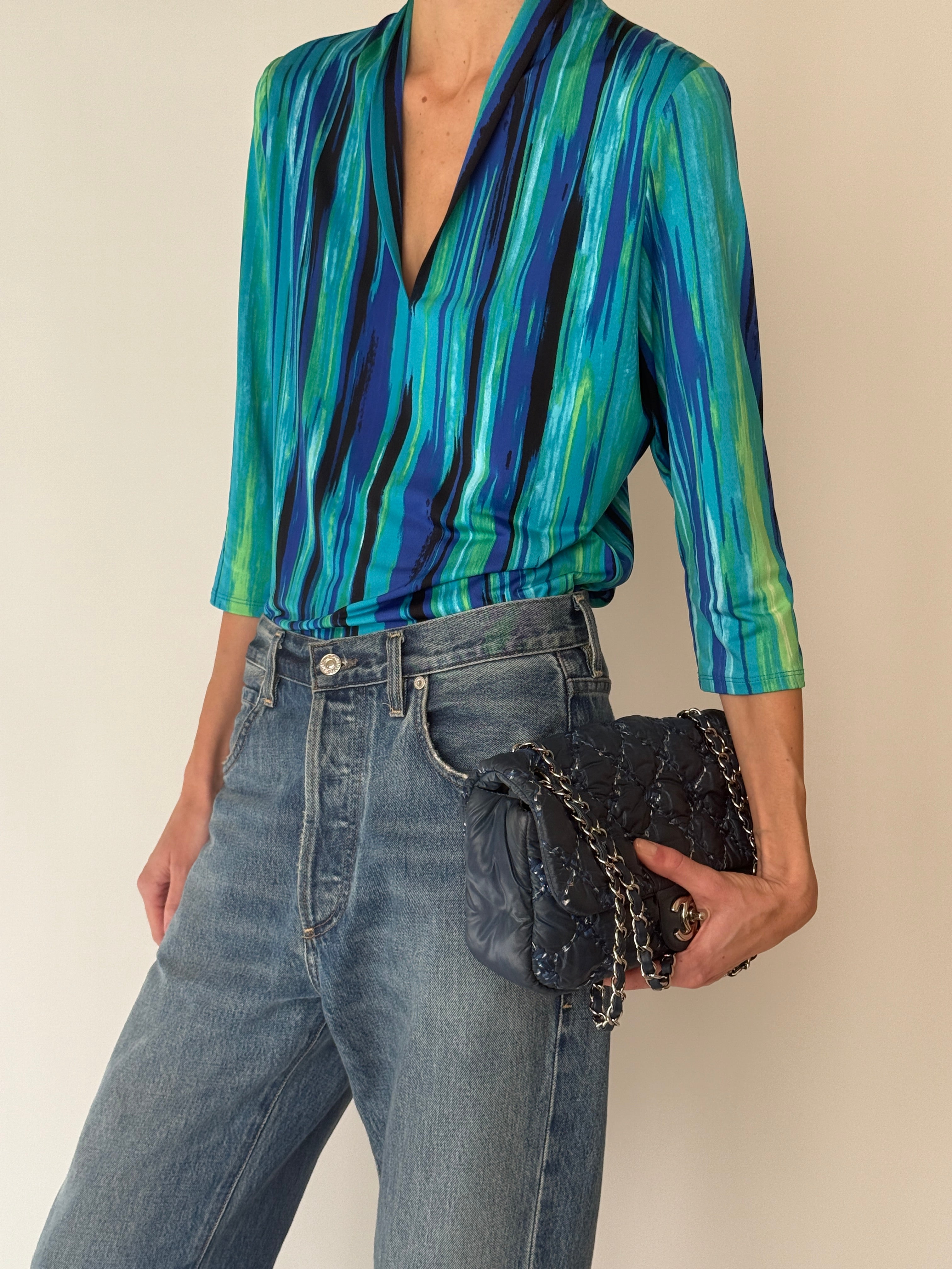 Vintage Abstract Stripe Top Blue 6505