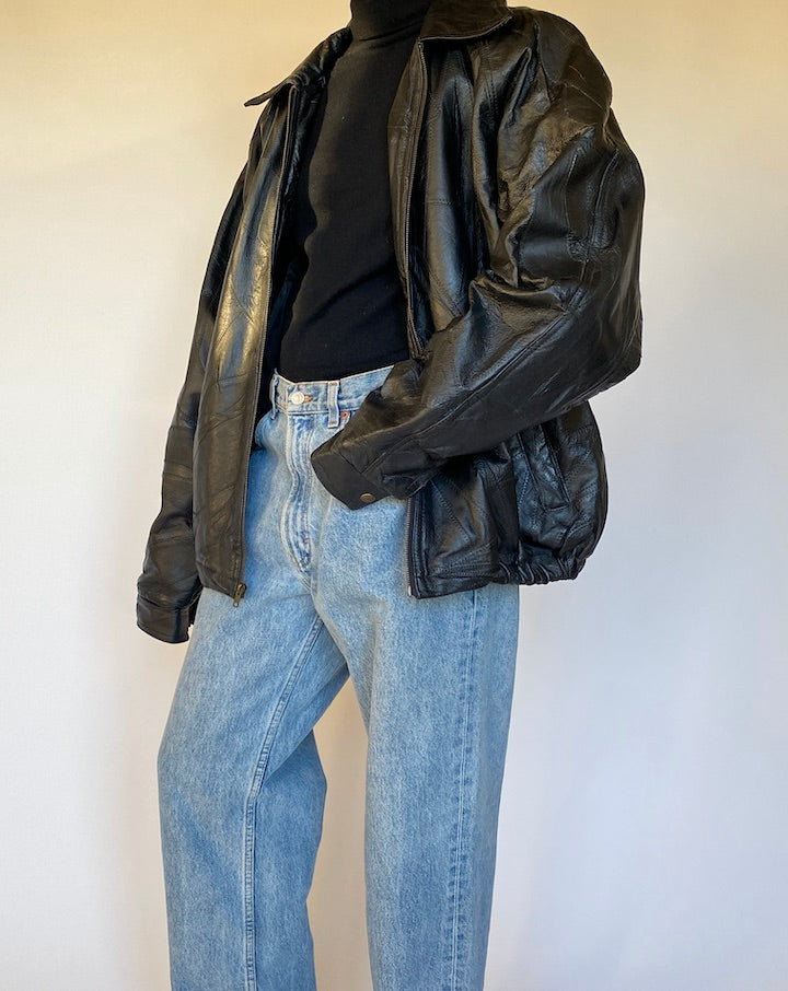 VINTAGE BLACK TEXTURED BOXY LEATHER JACKET 4310