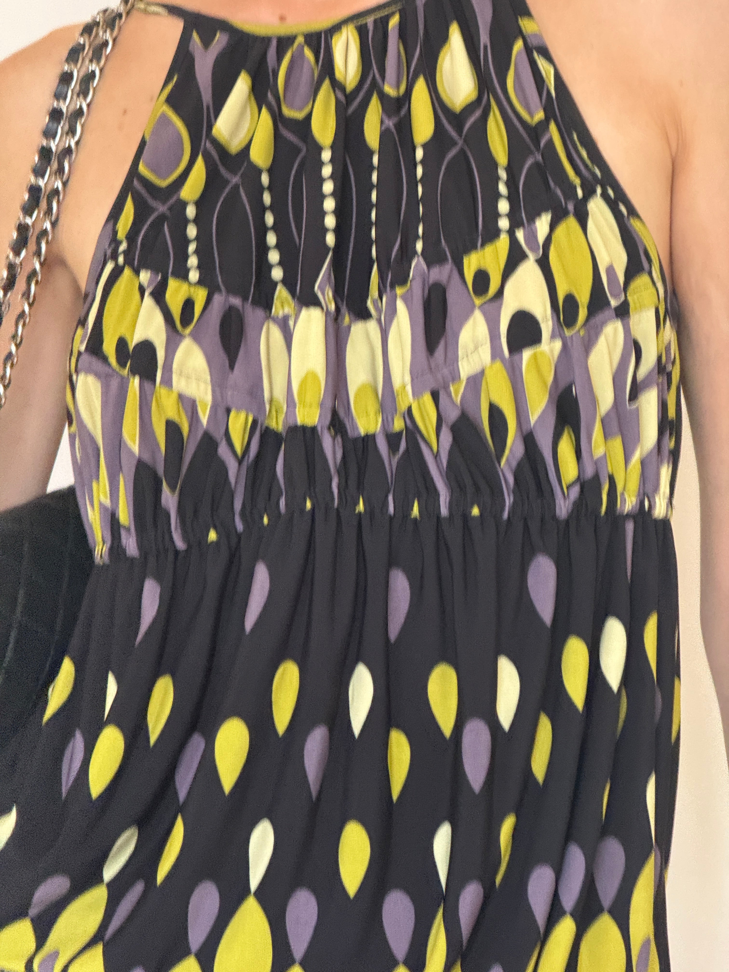 Vintage geometric print halter mini dress front view.