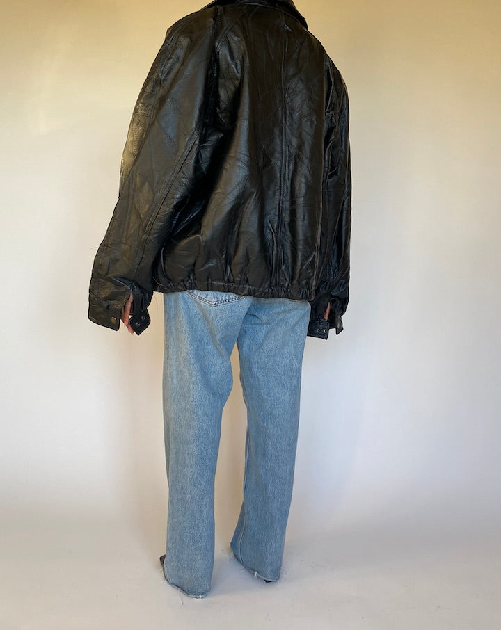 VINTAGE BLACK TEXTURED BOXY LEATHER JACKET 4310