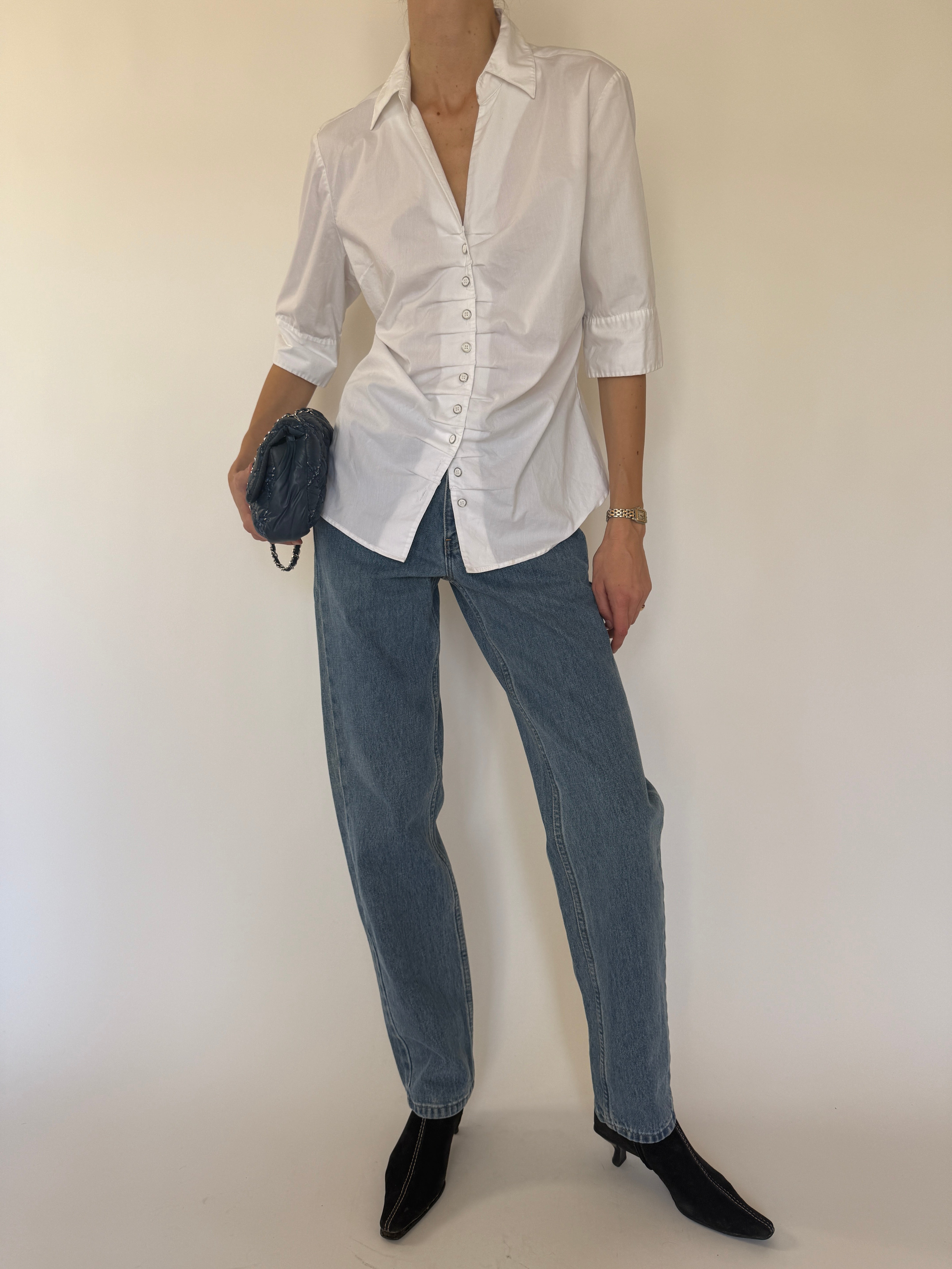 Vintage white ruched fitted shirt ruched front detail