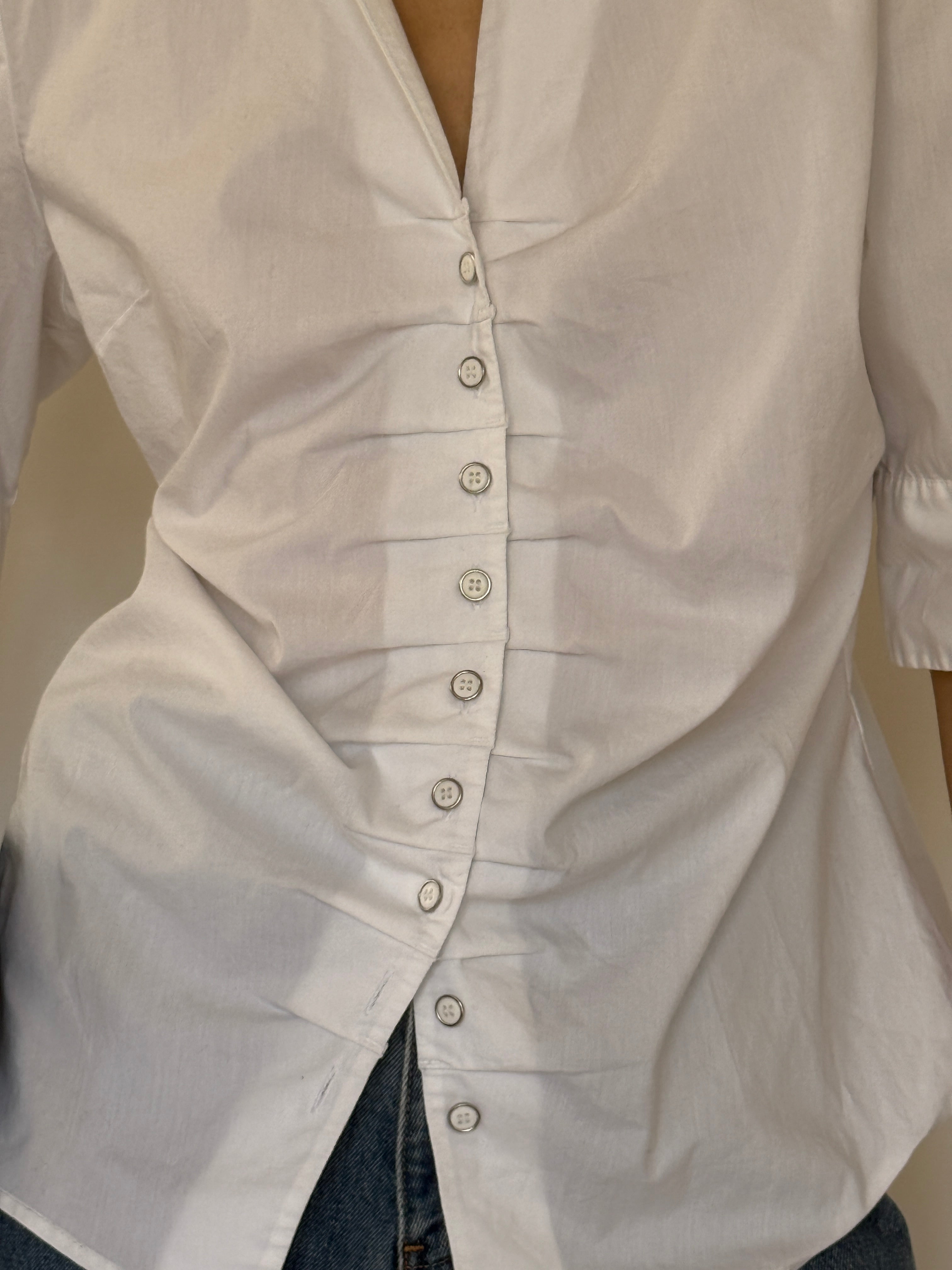 Vintage white ruched fitted shirt front view