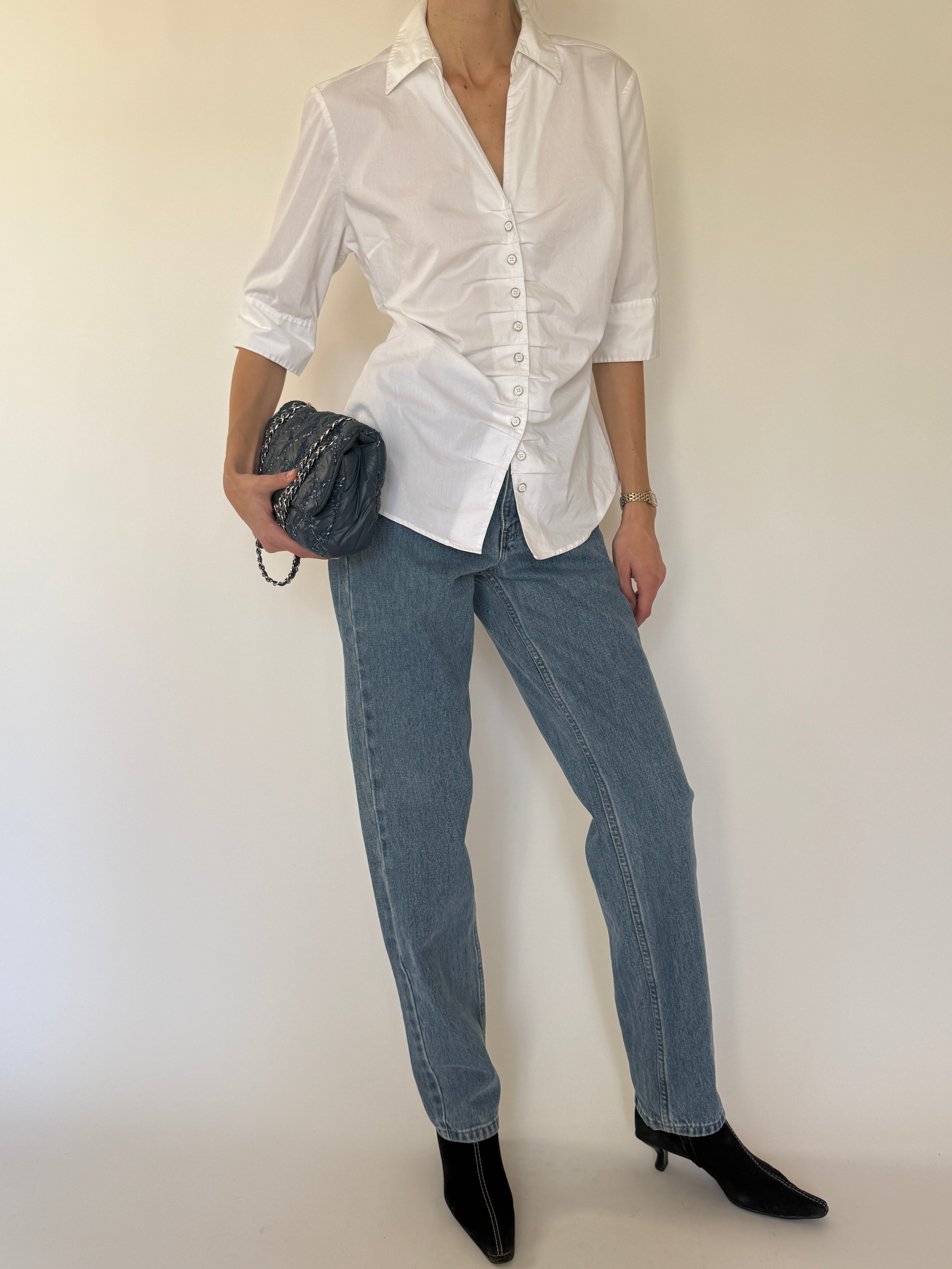 Vintage white ruched fitted shirt side view