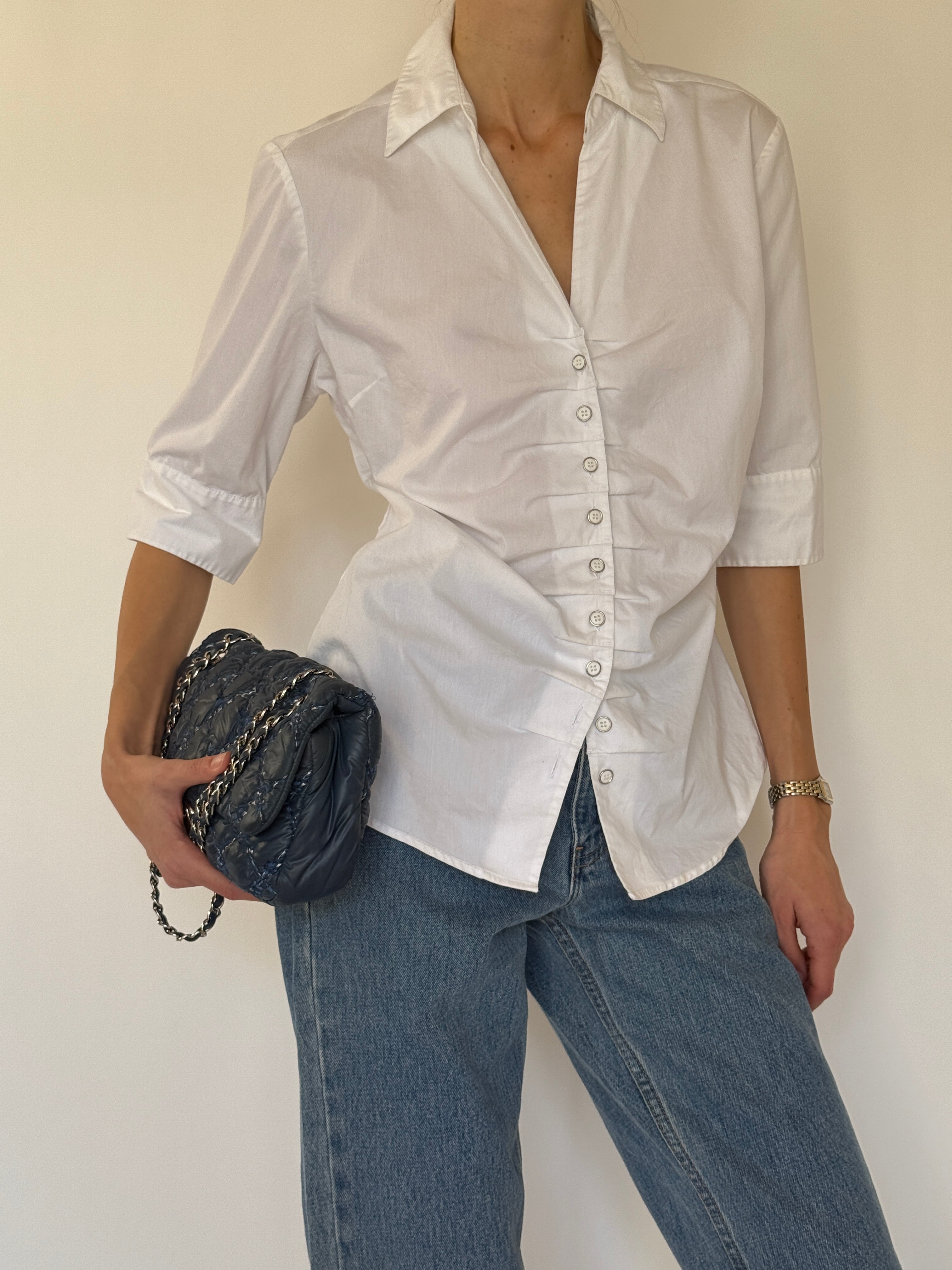 Vintage white ruched fitted shirt side view