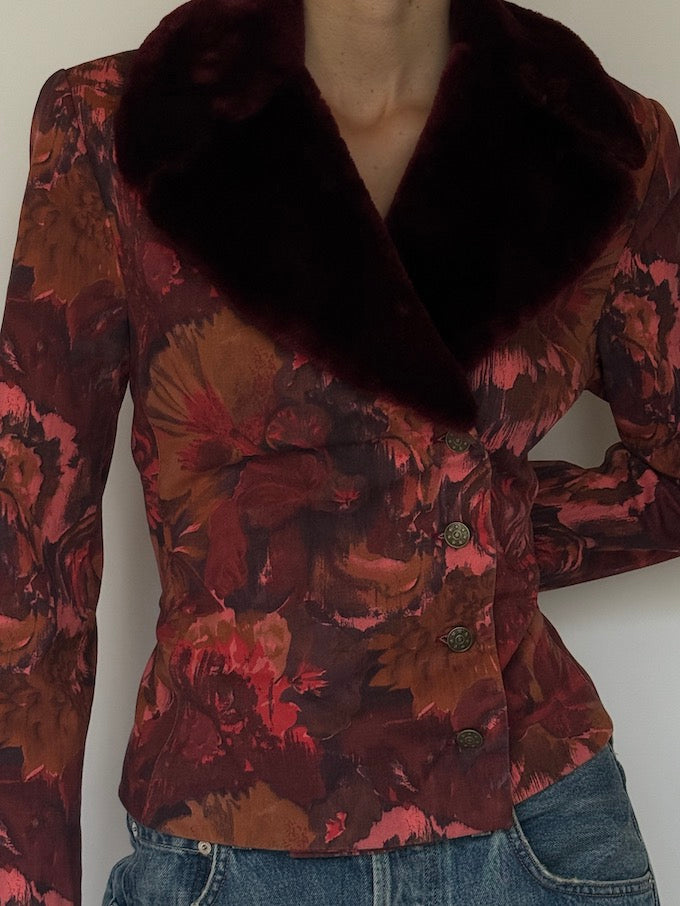 Vintage Floral Jacquard Faux-Collar Blazer 6636