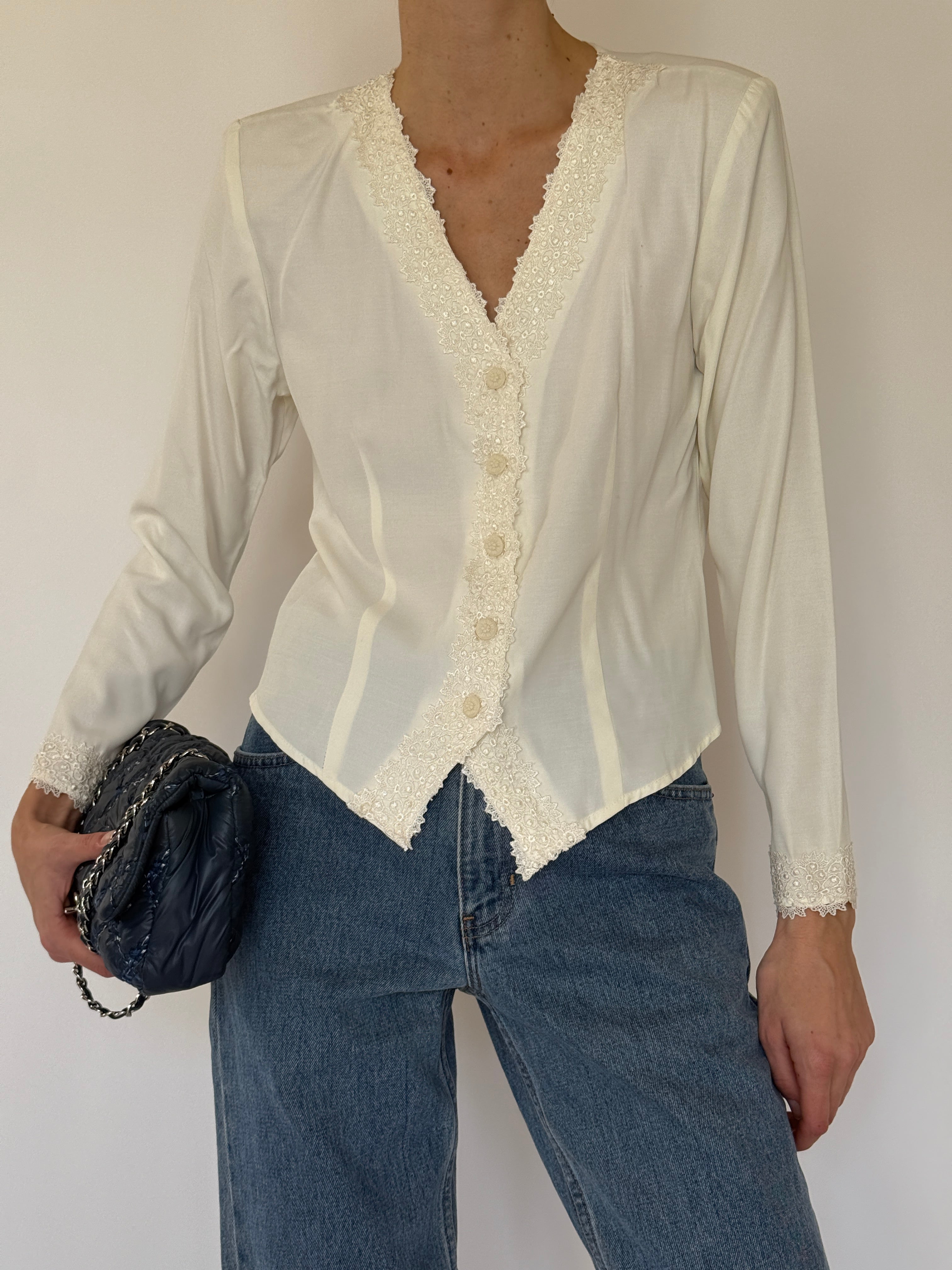 Vintage ivory lace trim button-down blouse front view