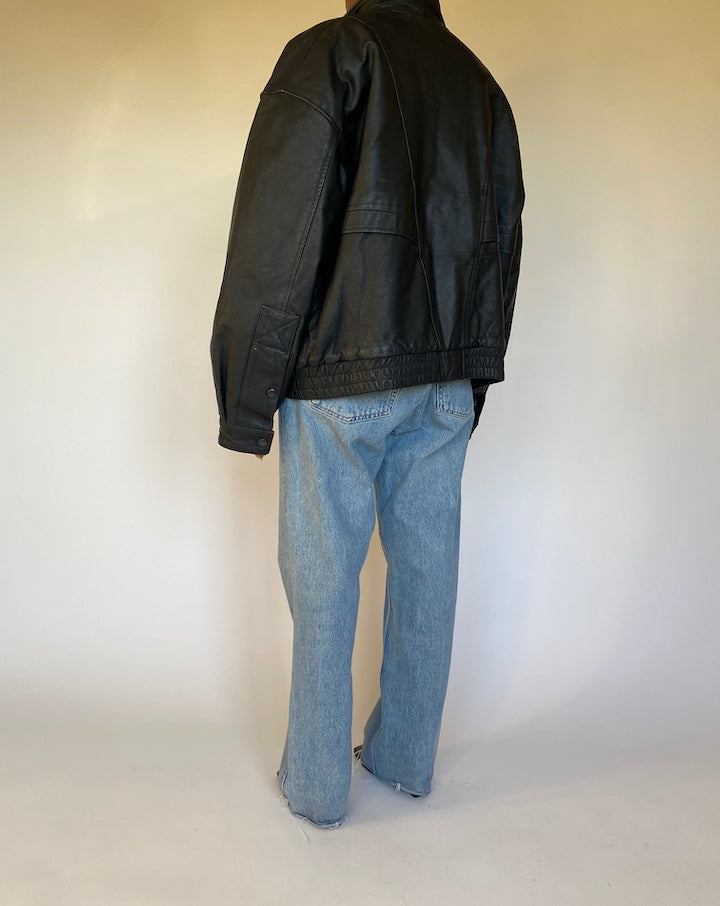 VINTAGE OVERSIZED BLACK BOXY LEATHER JACKET 4311