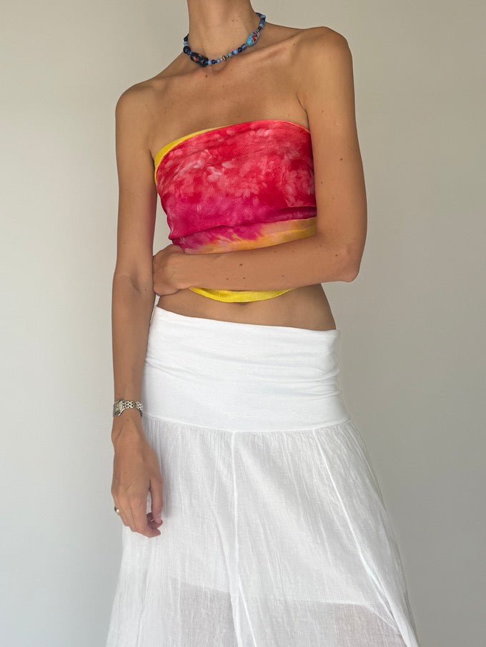 Vintage sarong tied as a top pink & yellow 6284