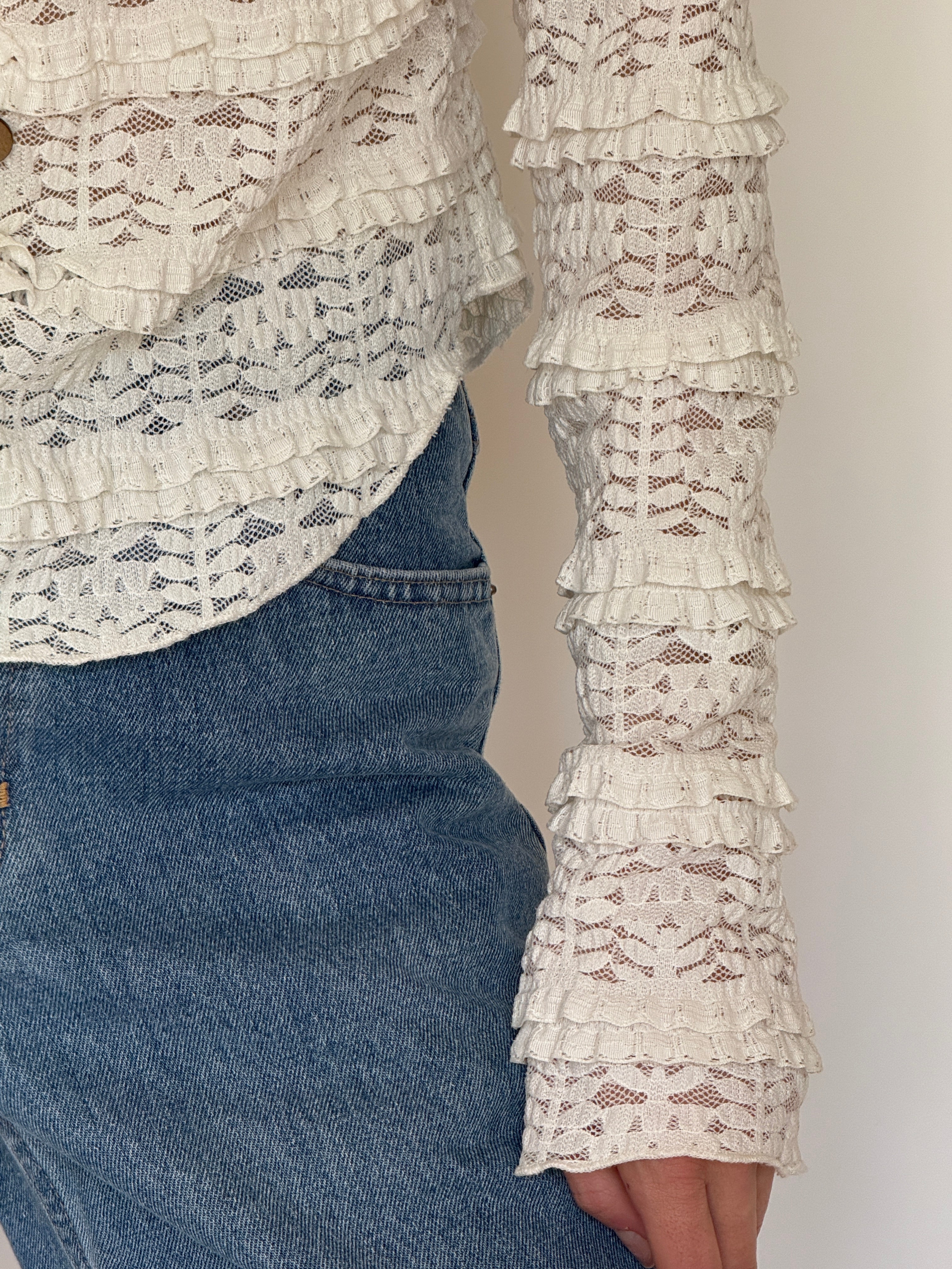 Vintage ivory lace ruffle blouse sleeve detail