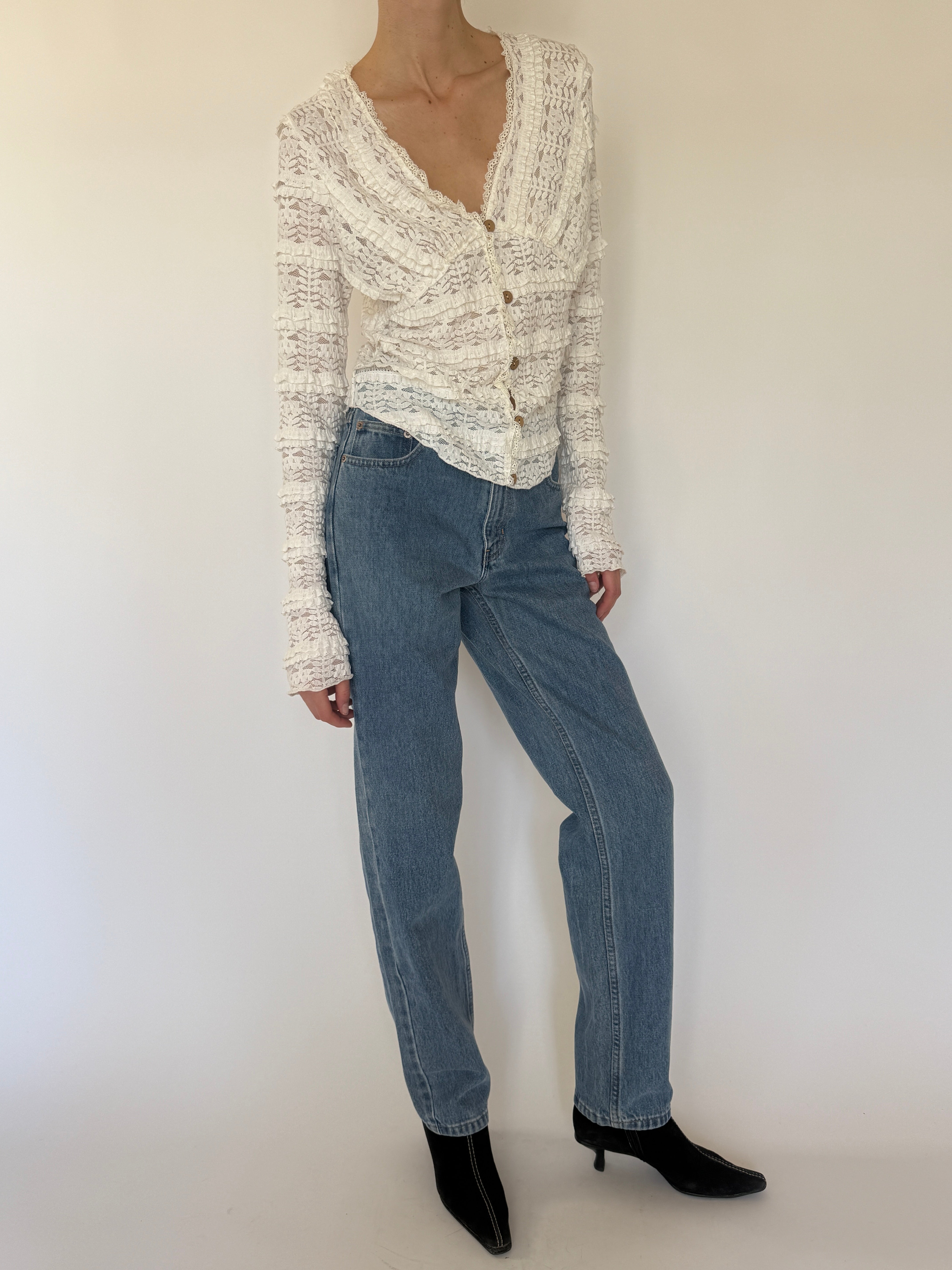 Vintage ivory lace ruffle blouse side view