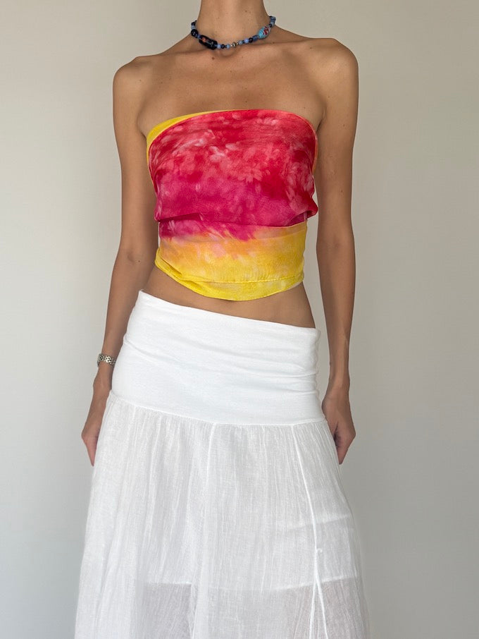 Vintage sarong tied as a top pink & yellow 6284